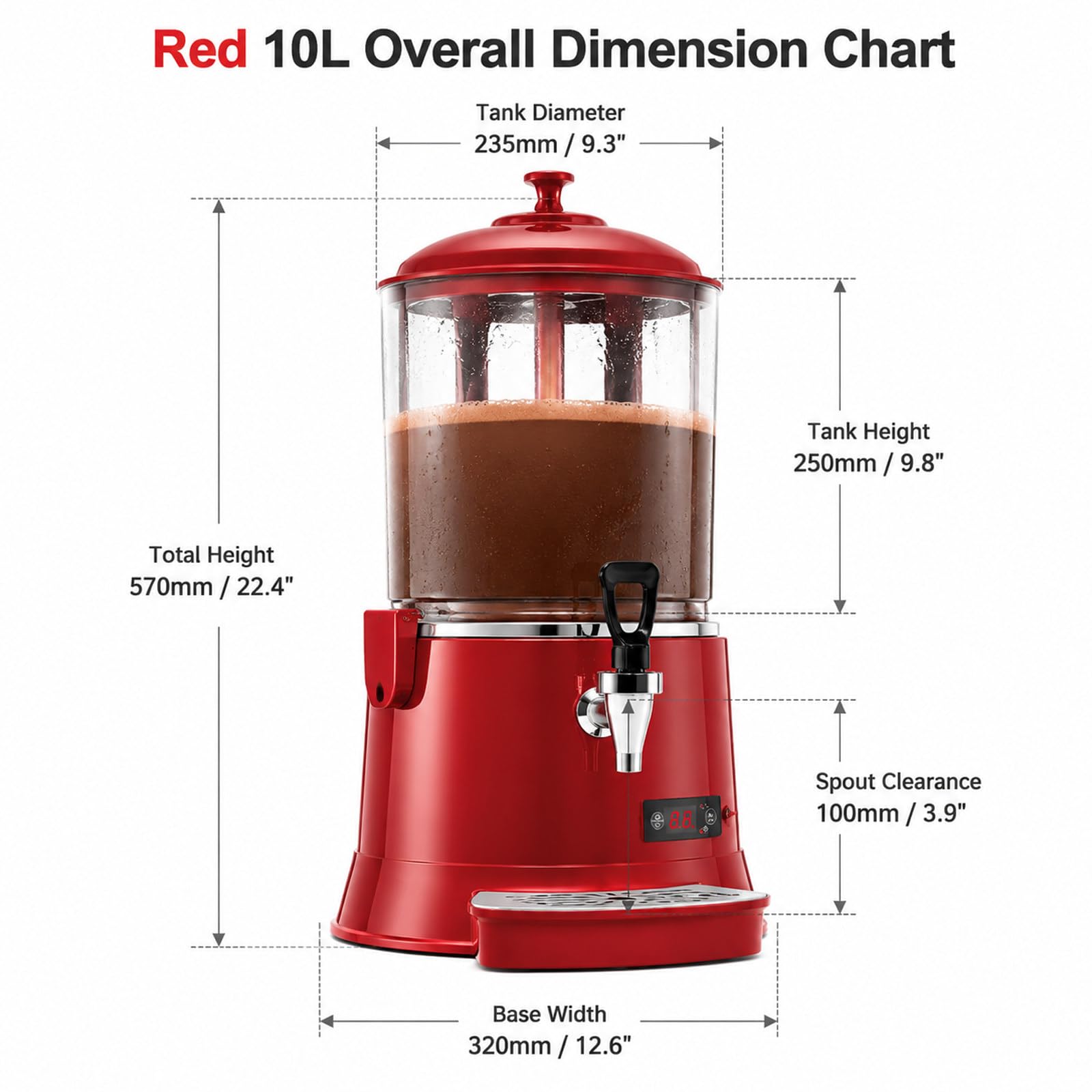 Scaldabevande Calde Elettrico Professionale 10L 400W Red | 10L capacità per 30+ tazze. Riscaldamento rapido 400W e motore 40W. Inox 304, impugnatura antiscottatura, design antifuga
