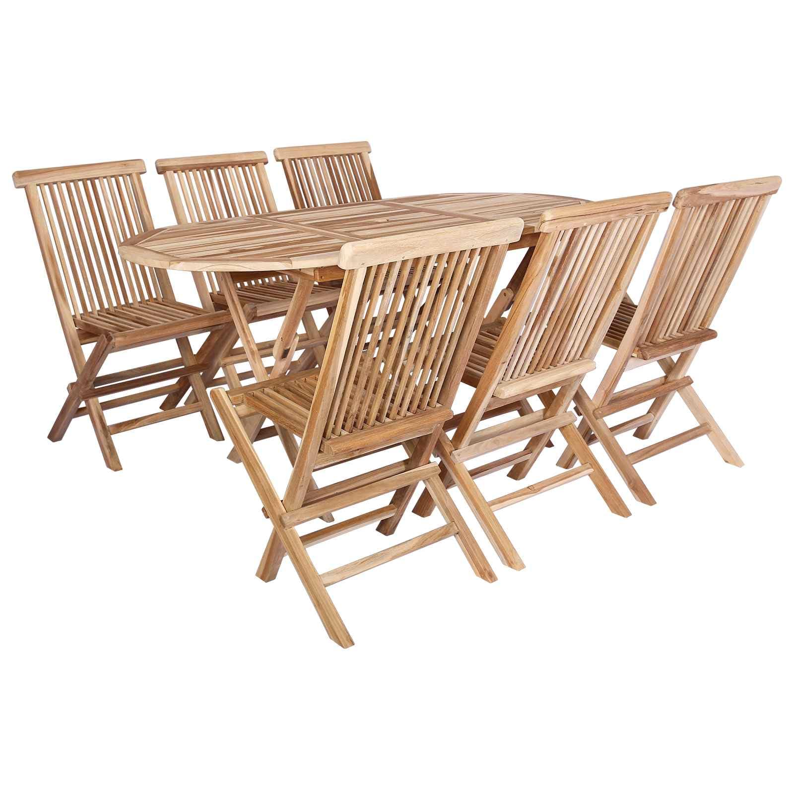 Fengshui Set di mobili da giardino in teak, 7 pezzi, in legno massiccio naturale | Design pieghevole, piano del tavolo lamellare, foro per ombrello integrato, stile moderno