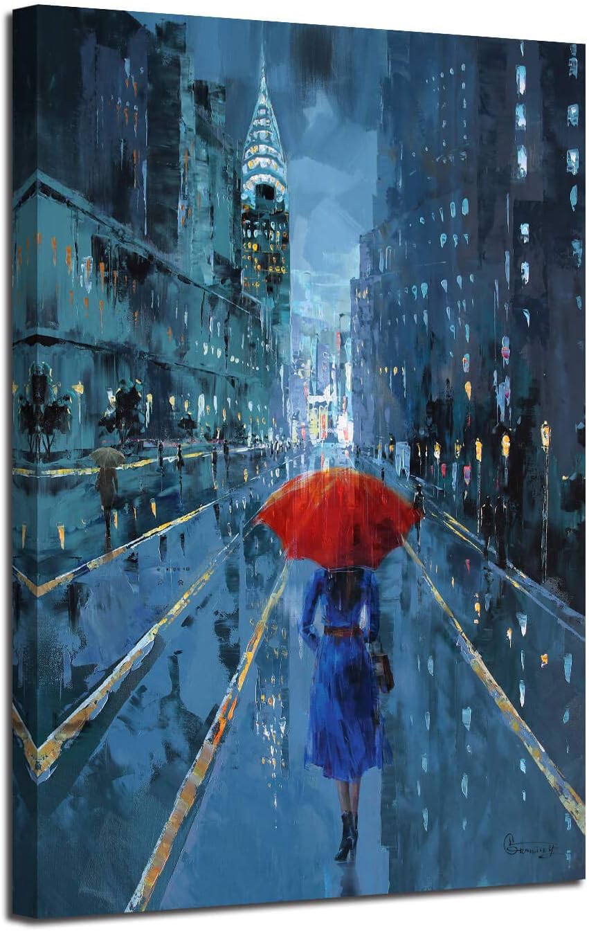 New York Canvas Wall Art Abstract Modern Blue Cityscape Painting, Lady Red Umbrella Picture Raining Street Skyline Framed Large 24"x36" for Living Room Bedroom Bathroom Home Office Wall Decor