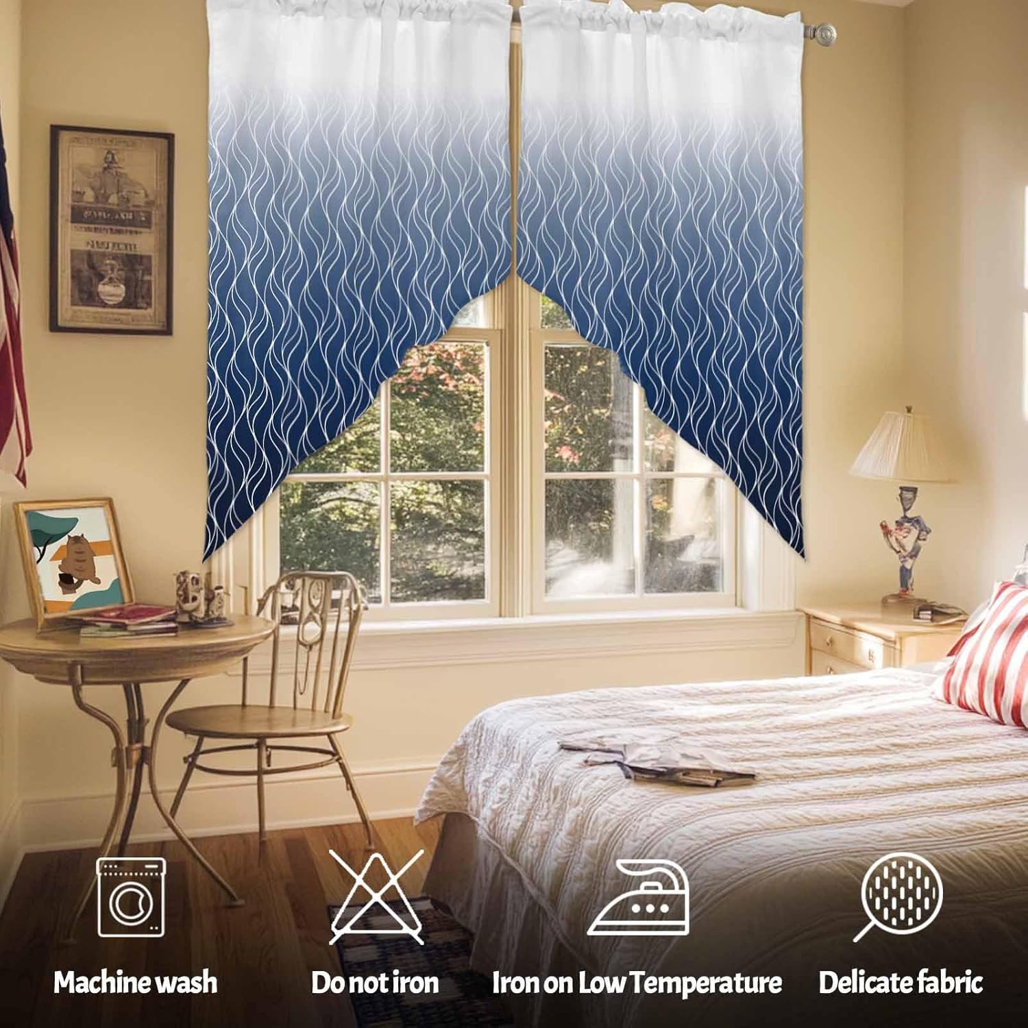 Swag Curtain Valance for Kitchen, Moroccan Texture Navy Blue Gradient Window Treatment Rod Pocket Bedroom Tier Curtains for Bathroom Farmhouses 36"x63"x2