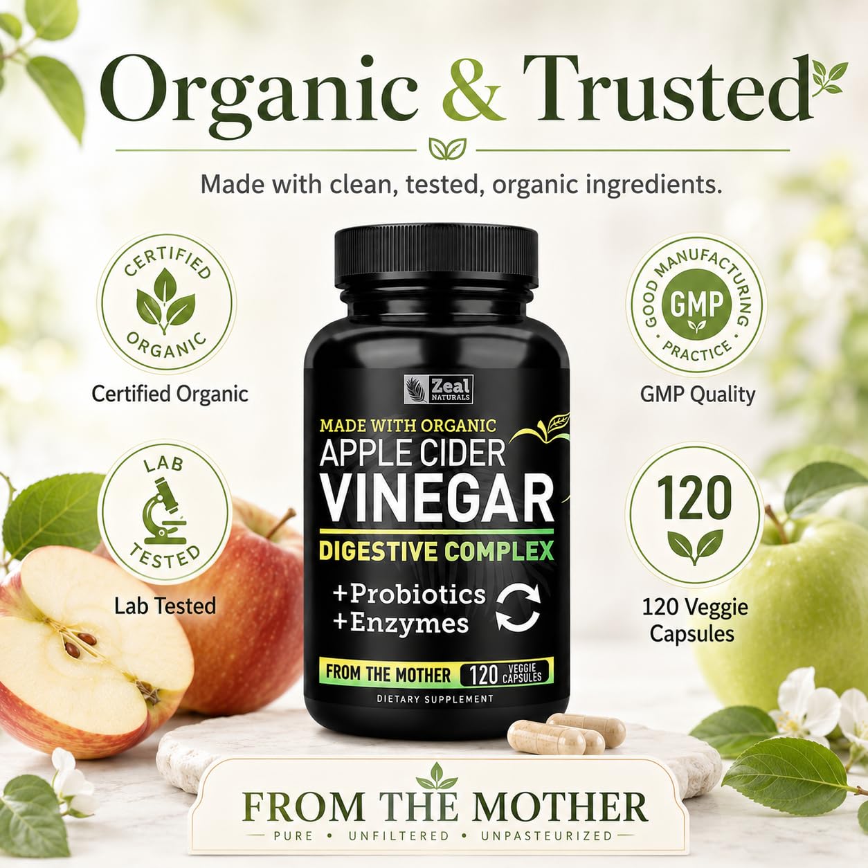 Zeal Organic Apple Cider Vinegar Capsules + Digestive Complex | GLP-1 Support, Raw Apple Cider Vinegar from Mother | Gut Health Supplement for Digestion, Immune Support, 1500mg 120 Capsules — Amazon image 2