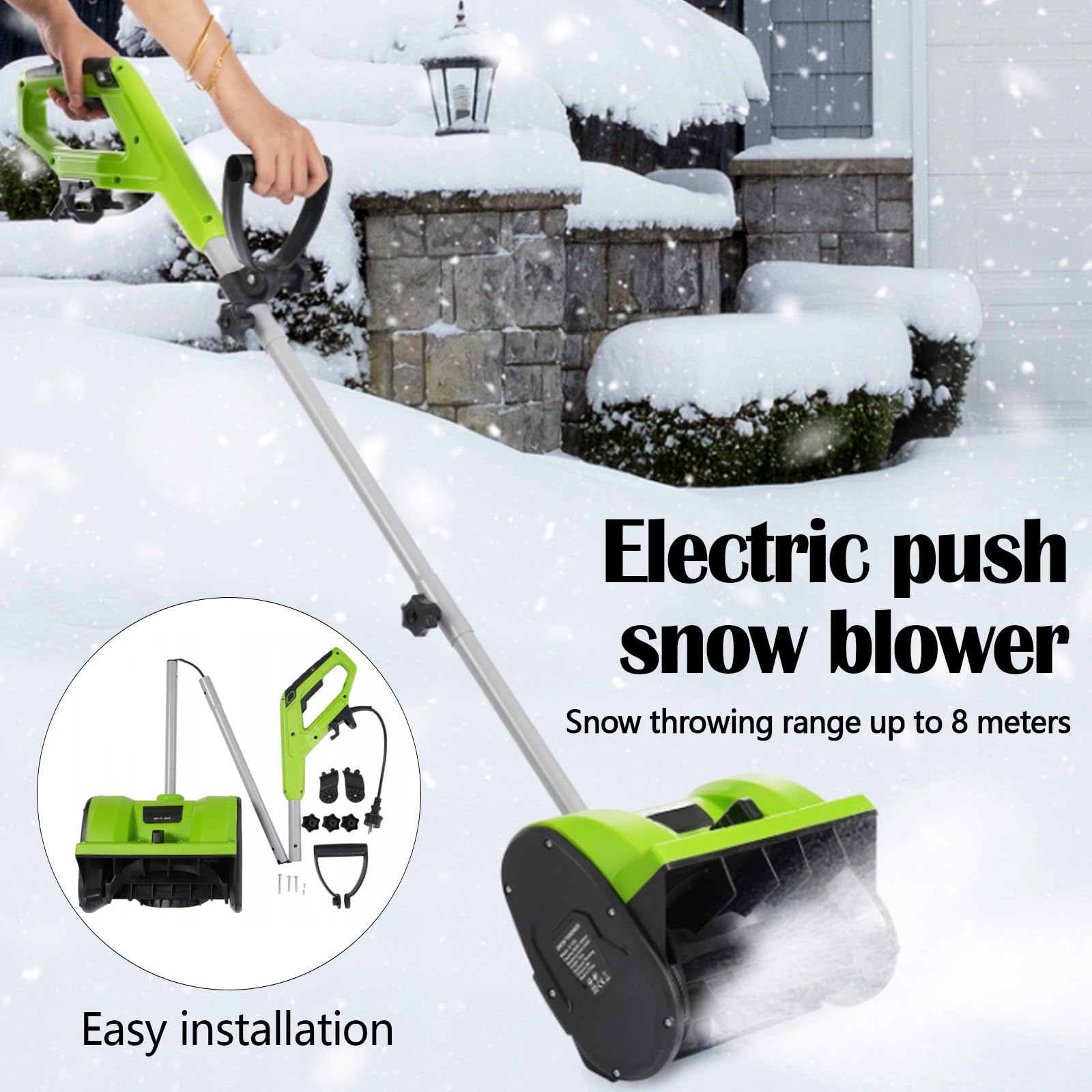 Sopladores Nieve, 1200W Barredora Nieve Soplador Eléctrico Barredora 220V Exteriores Dirección Lanzamiento Nieve Ajustable Mango 180 ° 3500 Rpm Distancia Máxima Lanzamiento 8M 32cm Ancho Barrido Nieve