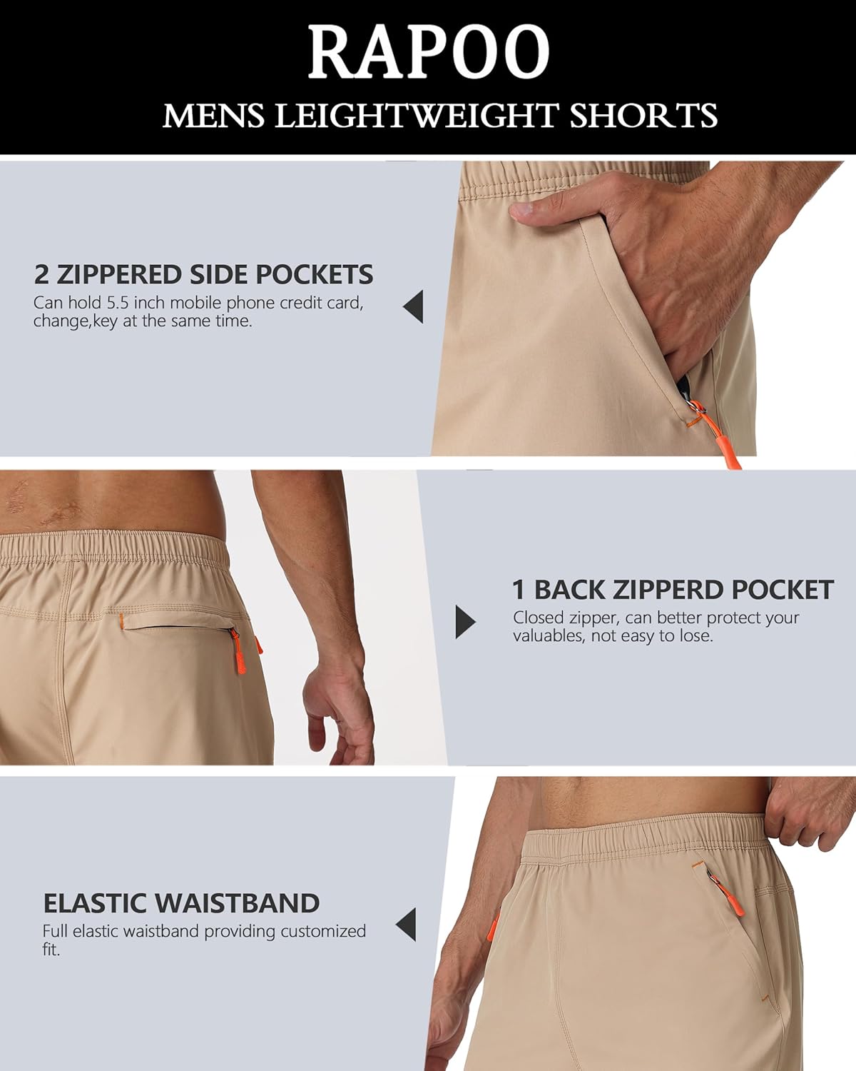 Rapoo Men's Athletic Shorts 7 Inch Inseam Water Resistant Lightweight Quick Dry Workout Shorts with Zipper Pockets - Image 4
