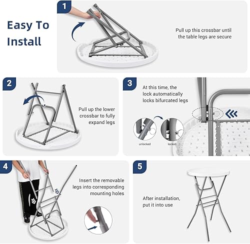 Miniatura 5 de Mesa de cóctel plegable redonda de 28 pulgadas para interiores y exteriores con patas extraíbles, mesa alta de altura de barra plegable para
