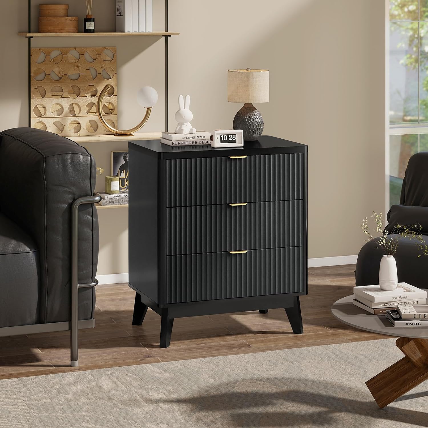 Fluted Nightstand with Charging Stat, 19.7 inch Wide End