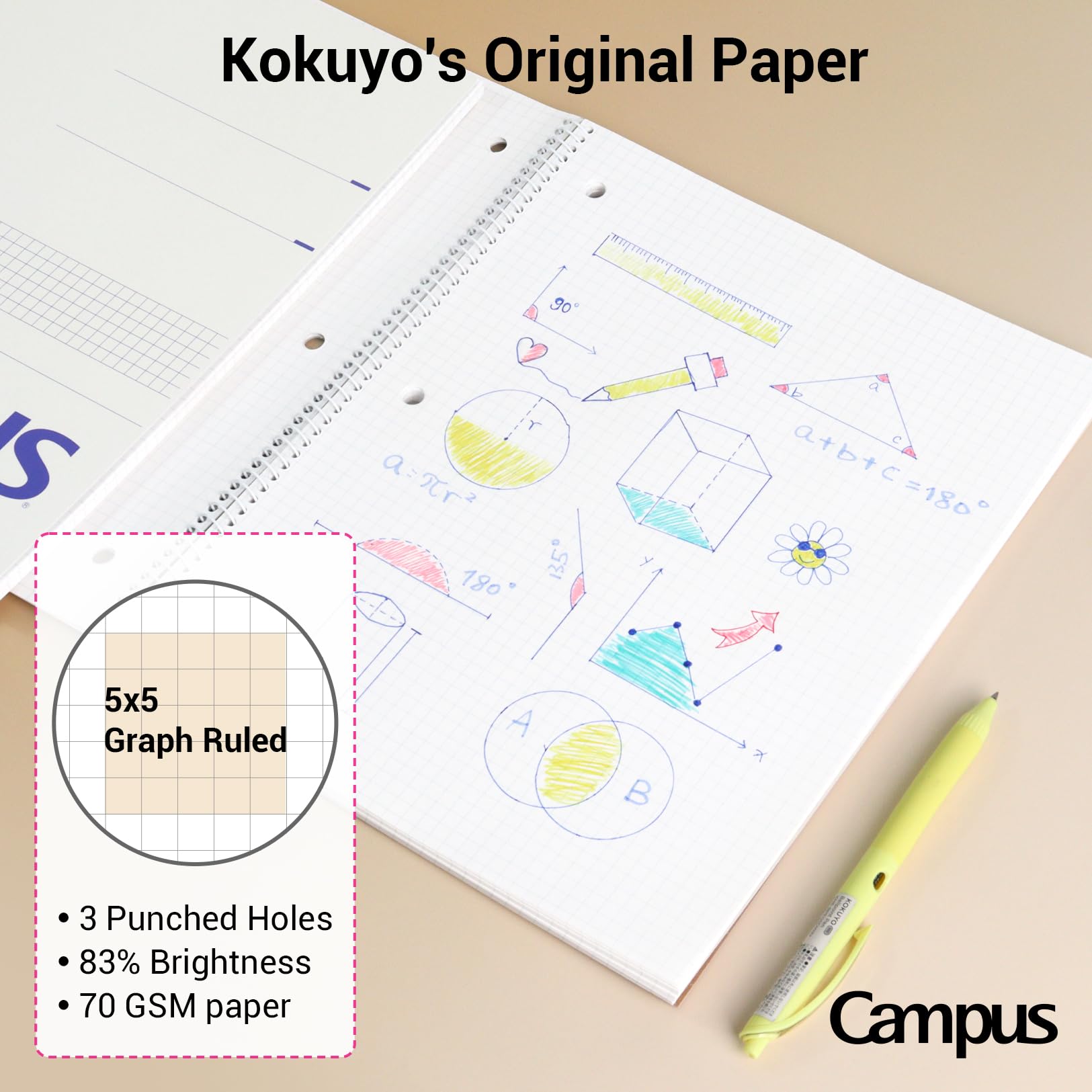 KOKUYO Lot de 3 carnets à spirale avec papier graphique de 12,7 x 12,7 cm