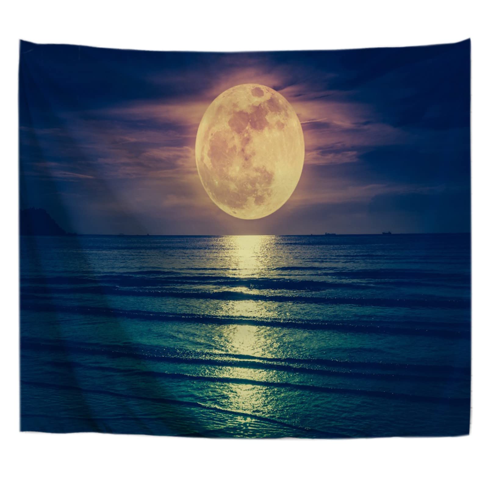 A.Monamour Arazzo da Parete Grande Luna Piena Luminosa Nel Cielo Notturno Colorato Sopra L'Astrologia Oceanica Telo Arazzi Tappezzeria Decorazione da Parete per Camera da Letto Dormitorio 153x229cm