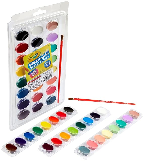 Foto 3 de 6 de Crayola - Ultra Washable, Acuarelas lavables para niños con pincel, 24 colores surtidos, 24 piezas, 53-0524