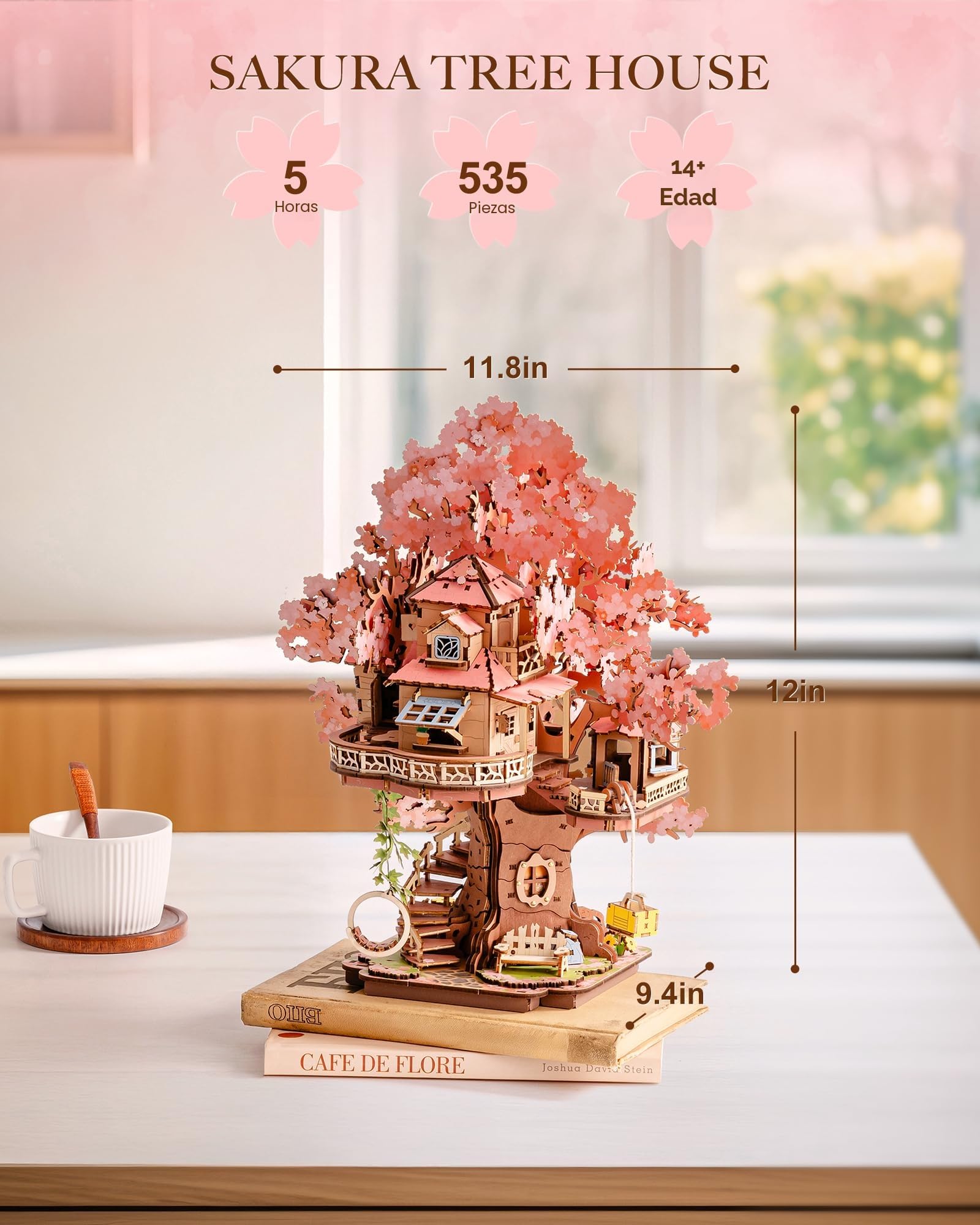 Rolife Puzzle 3D de Madera Casa del Árbol Sakura Miniatura Kit de Modelo Maquetas para Construir Adultos Rompecabezas Madera Decoración para el Hogar Regalo de Cumpleaños