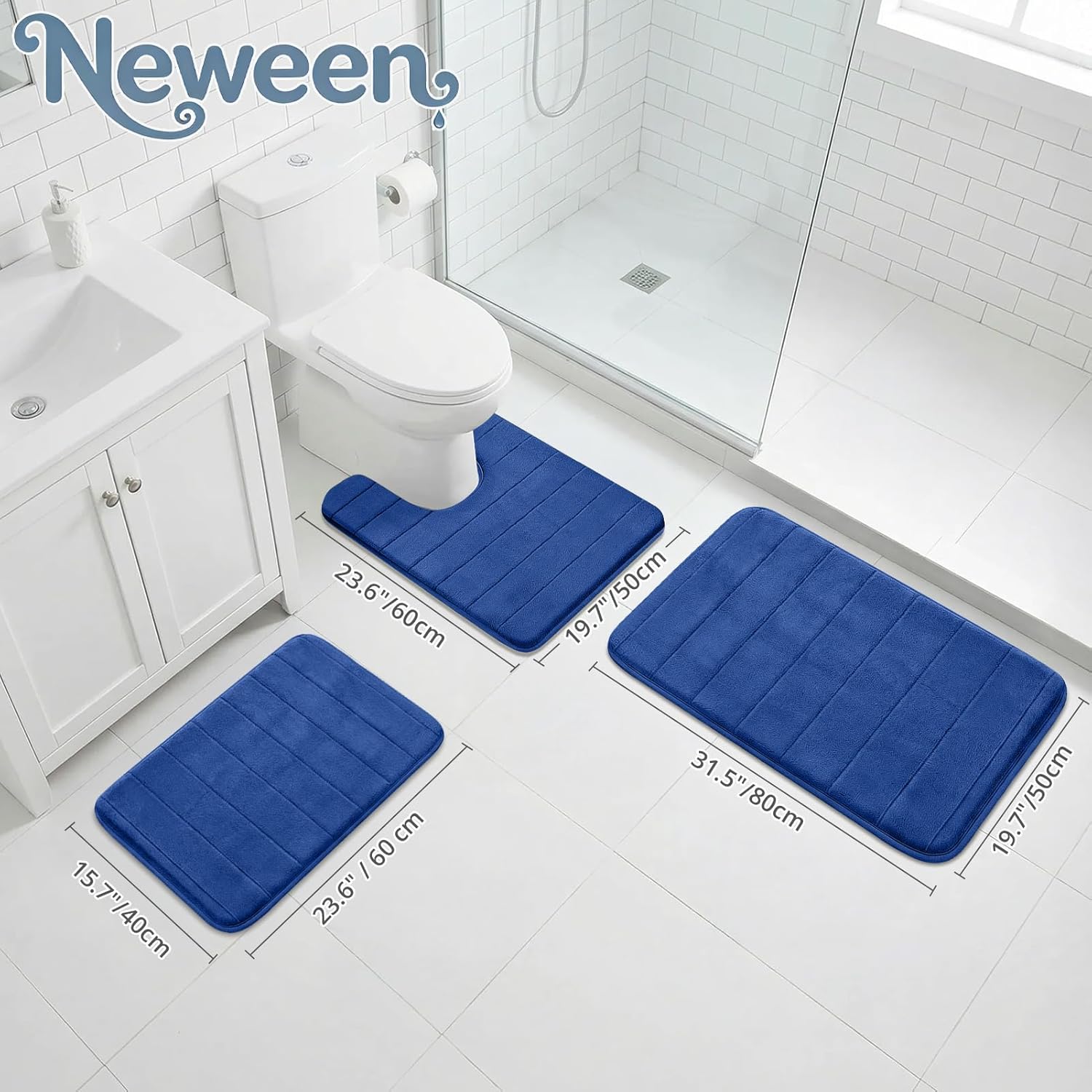 Neween 3 Piece Memory Foam Bath Mat Set - Thick Cushioned Soft Fabric Bathroom Rugs, Non-Slip Absorbent & Quick Dry Bath Mats for Bathroom Floor, Includes Large, Small and U-Shaped Toilet Rug (Blue)