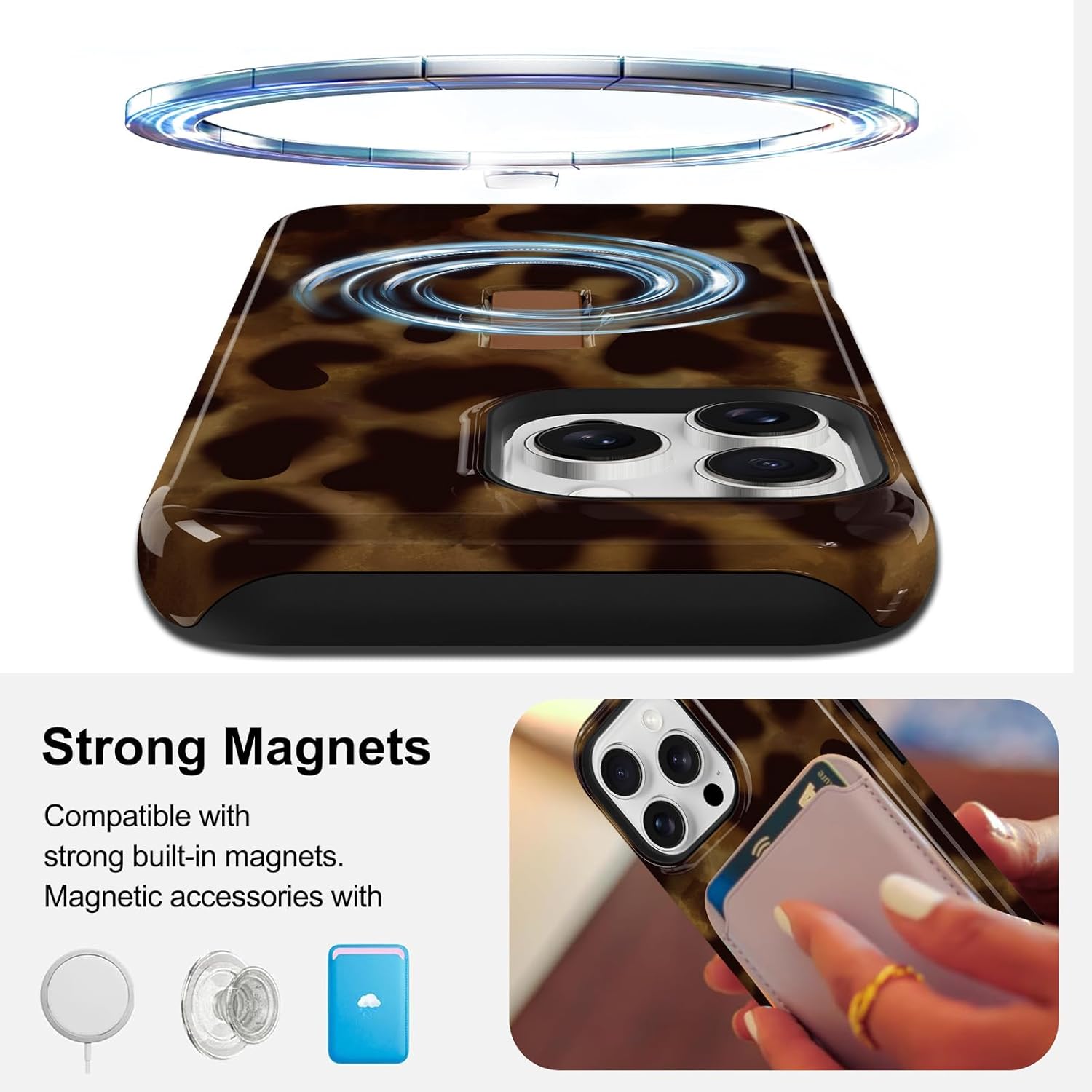 Magnetic for iPhone 16 Pro Case with Finger Strap Kickstand, Stylish Amber Leopard Phone Case for Women Men, Compatible with Magsafe Shockproof Cover for 16 Pro, Amber Leopard