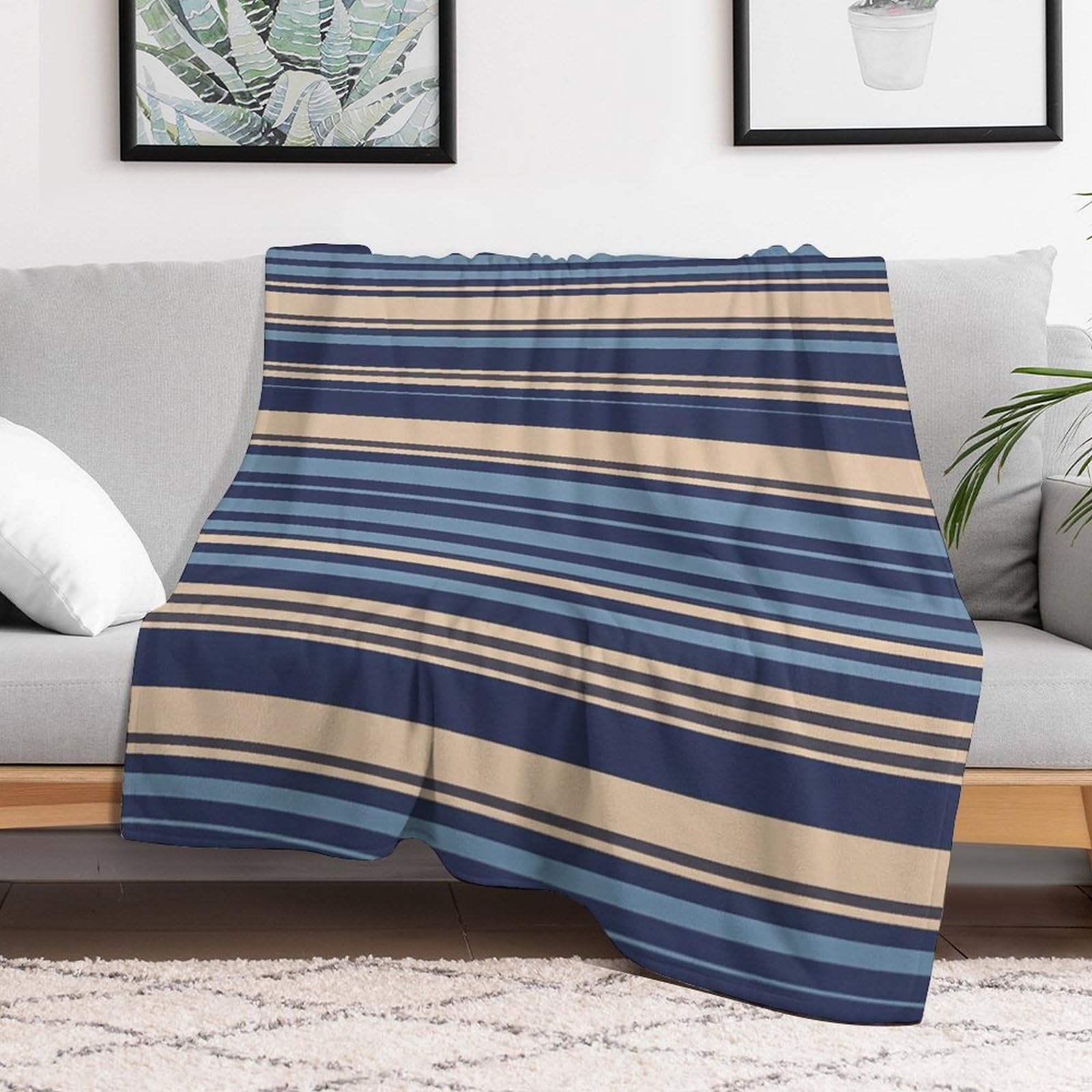 Couverture en micro polaire bleu et beige de 177x203 cm pour lit et canapé