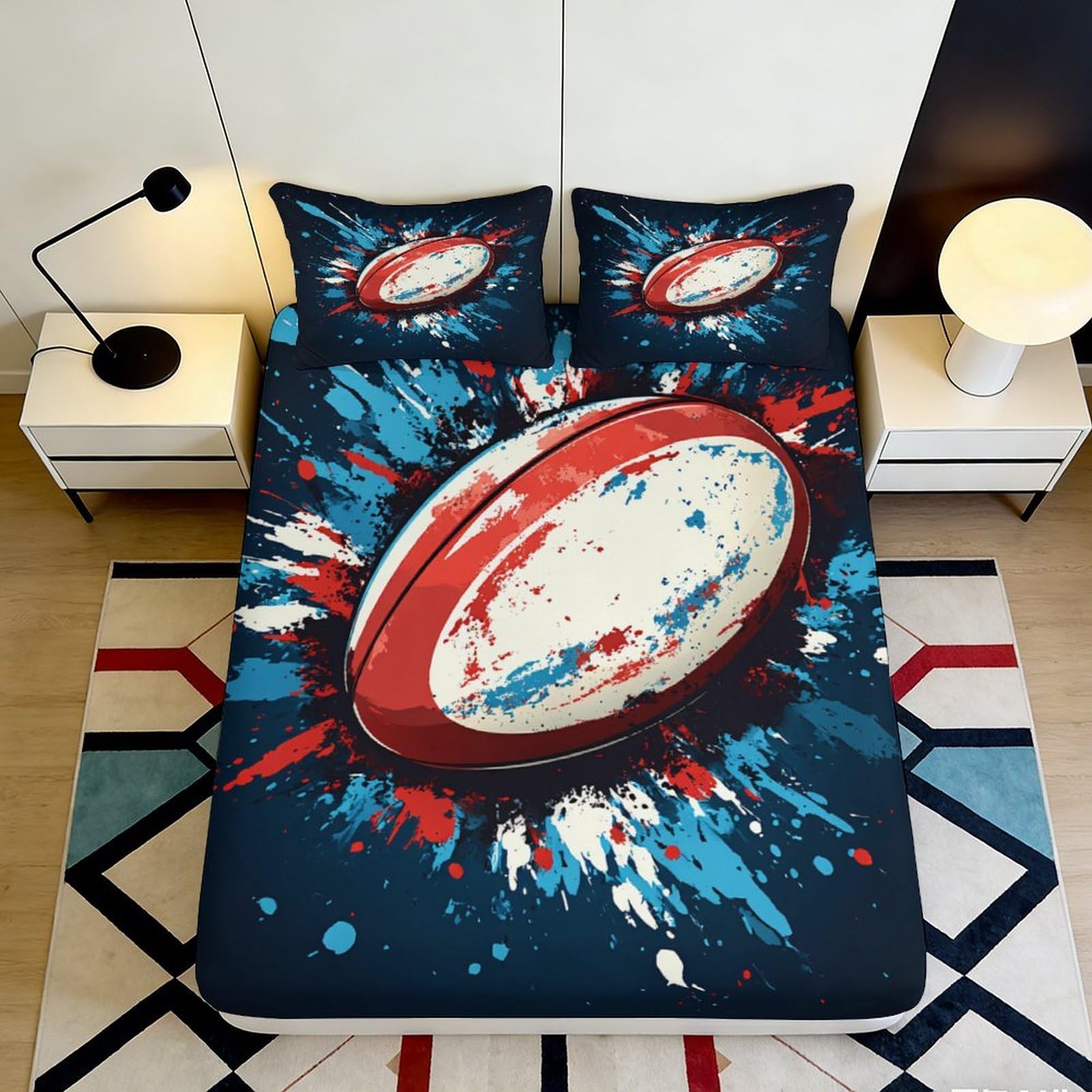 Pnayamiorkfel Style-4 3D Printed Rugby Ball Splash Fitted Sheet Microfiber Anti-Slip Machine Washable Bed Cover For Bedroom Guest Room Decor 90X200x25cm
