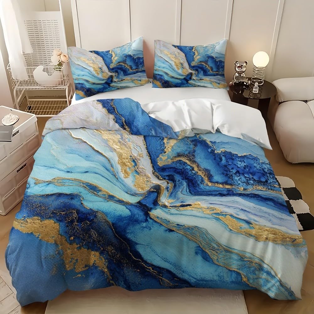 Parure de lit marbre fluide bleu foncé housse couette 200x200 microfibre