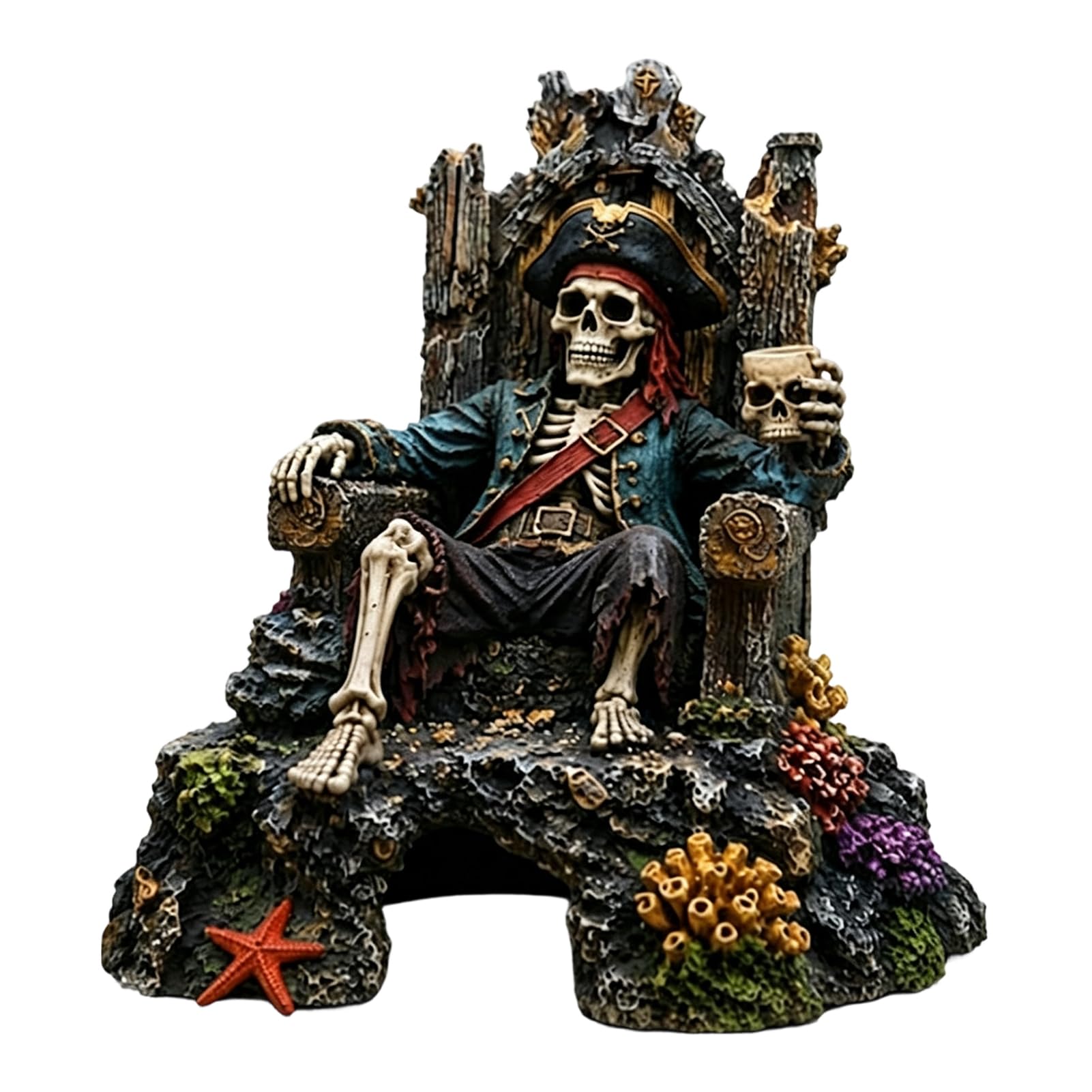 RetroNest Pirate Skeleton Throne Aquarium Ornament,Realistic Skull King Castle Fish Tank Hideout Cave,Gothic Resin Decor For Freshwater Saltwater Tanks 15cm Ornament [object Object]