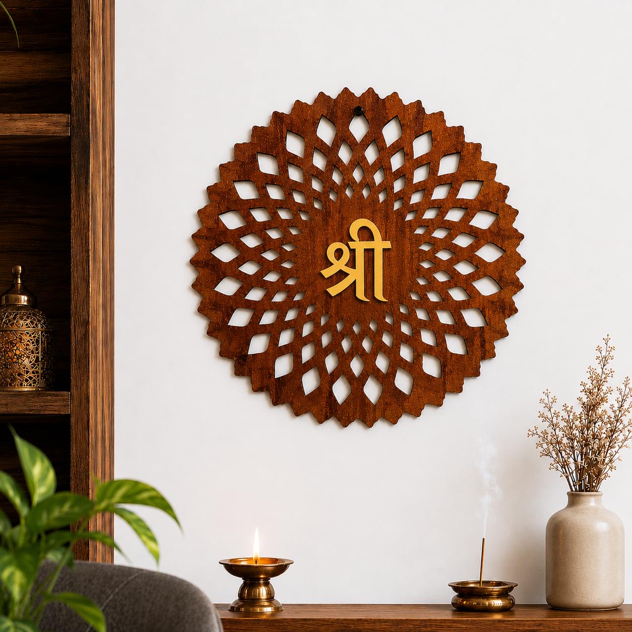 Glowitt Shree Wooden Wall Hanging for Home Decor | 12 x 12 Inch Shree Symbol Mandala Wall Art | Premium MDF Spiritual Wall Decor for Temple, Pooja Room, Living Room & Office | Hindu Religious Gift Item-image-15