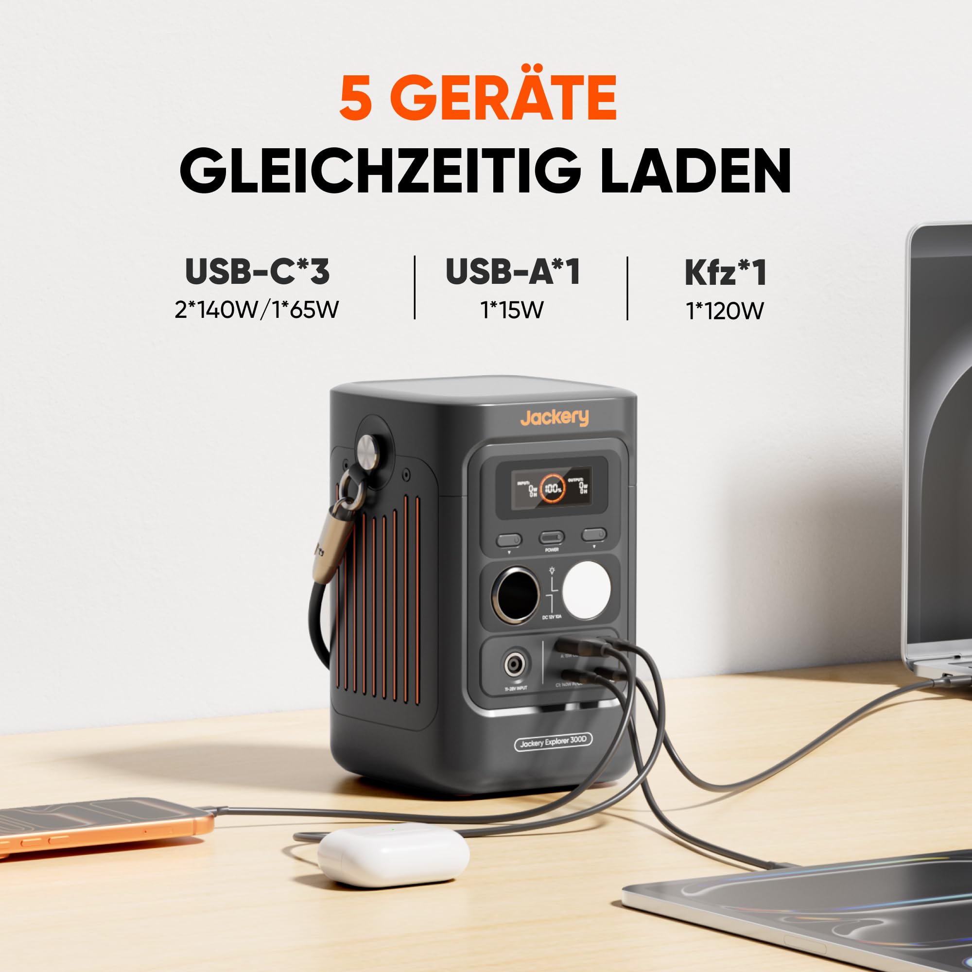 Jackery Explorer 300D Tragbare Powerstation, 288Wh LFP-Batterie, 300W DC Power, 2x USB-C bis 140W, leichter & kompakter Solargenerator für Camping, Reisen & Wohnmobile