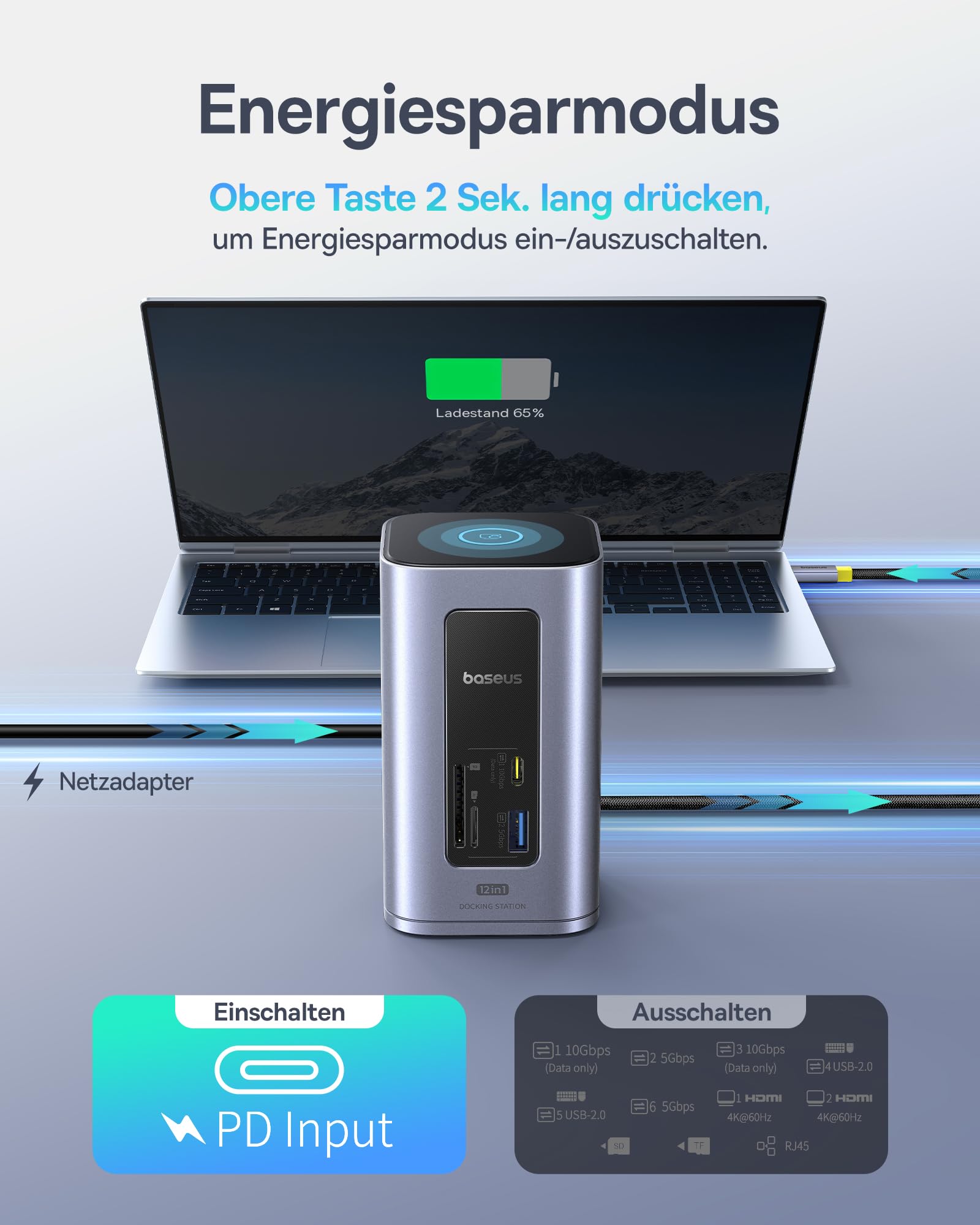 Baseus Nomos Air 12 in 1 Docking Station Dockingstation 2 Monitore für Windows, mit 4K HDMI, 10Gbps USB-C/A, SD/TF, 100W PD, Gigabit Ethernet, Kompatibel für Laptop HP/Lenovo/Dell/Acer