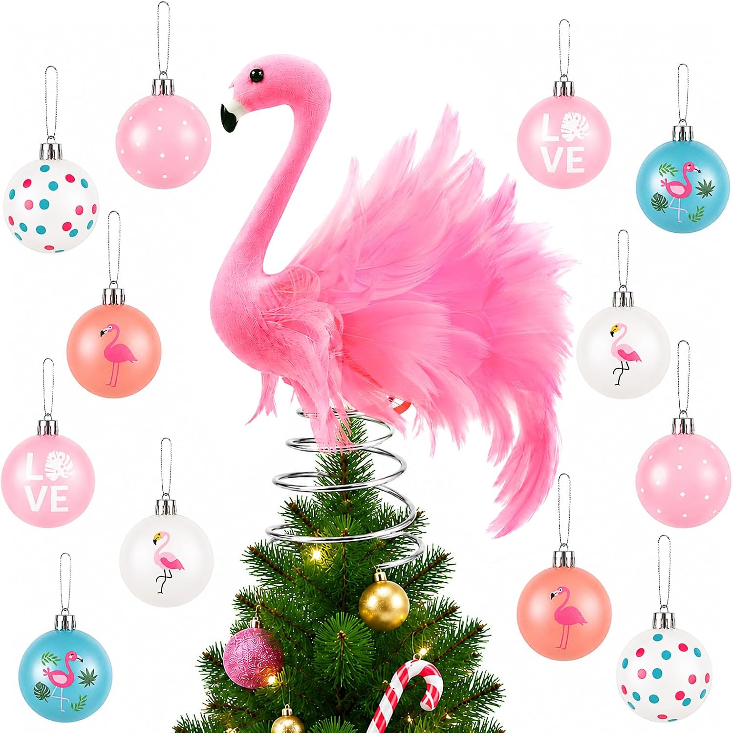 Mini Flamingo Tree Topper Set - with 12 Assorted Christmas Ball Ornaments