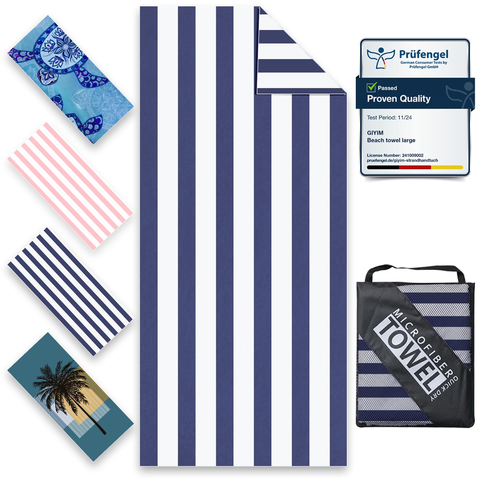 Giyim Beach Towels - 1 Pack 200x90cm Lightweight Microfibre Beach Towel with Mesh Bags, Double Sided Sand Free Absorbent Quick Dry Microfibre Towel for Pool, Gym, Camping & Travel
