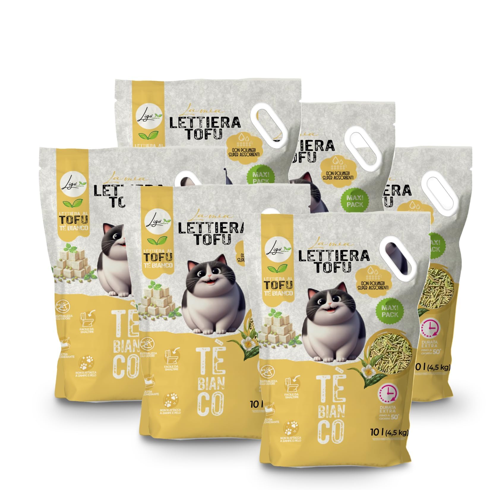 Ligo Nature|Lettiera gatto|La mia lettiera Tofu |profumazione tè bianco|ecologica|ultra assorbente|assorbimento rapido|4 confezioni da 10l