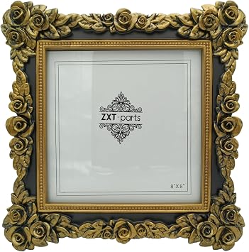 ZXT-parts 8x8 Picture Frame Gold Flower Black Edge Frame. Resin Handmade Photo Frame. Glass Panel. European Style.Black Background Golden Flower.Overall Size 12.25x12.25 inch.
