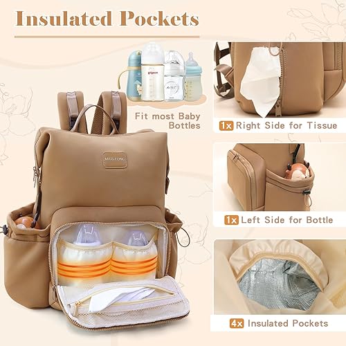 Miniatura 3 de miss fong Mochila para pañales Bolsa de pañales para bebé, bolsa de neopreno, mochila de neopreno de gran capacidad con cambiador de pañales,