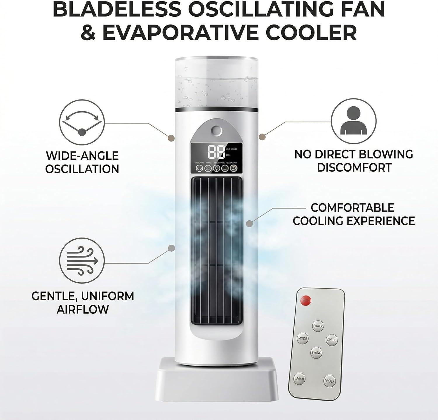 Portable Air Conditioning Fan with Mist Function for Bedroom – Bladeless Oscillating Tower Fan USB Desktop Cooling Fans with Remote Control (White)