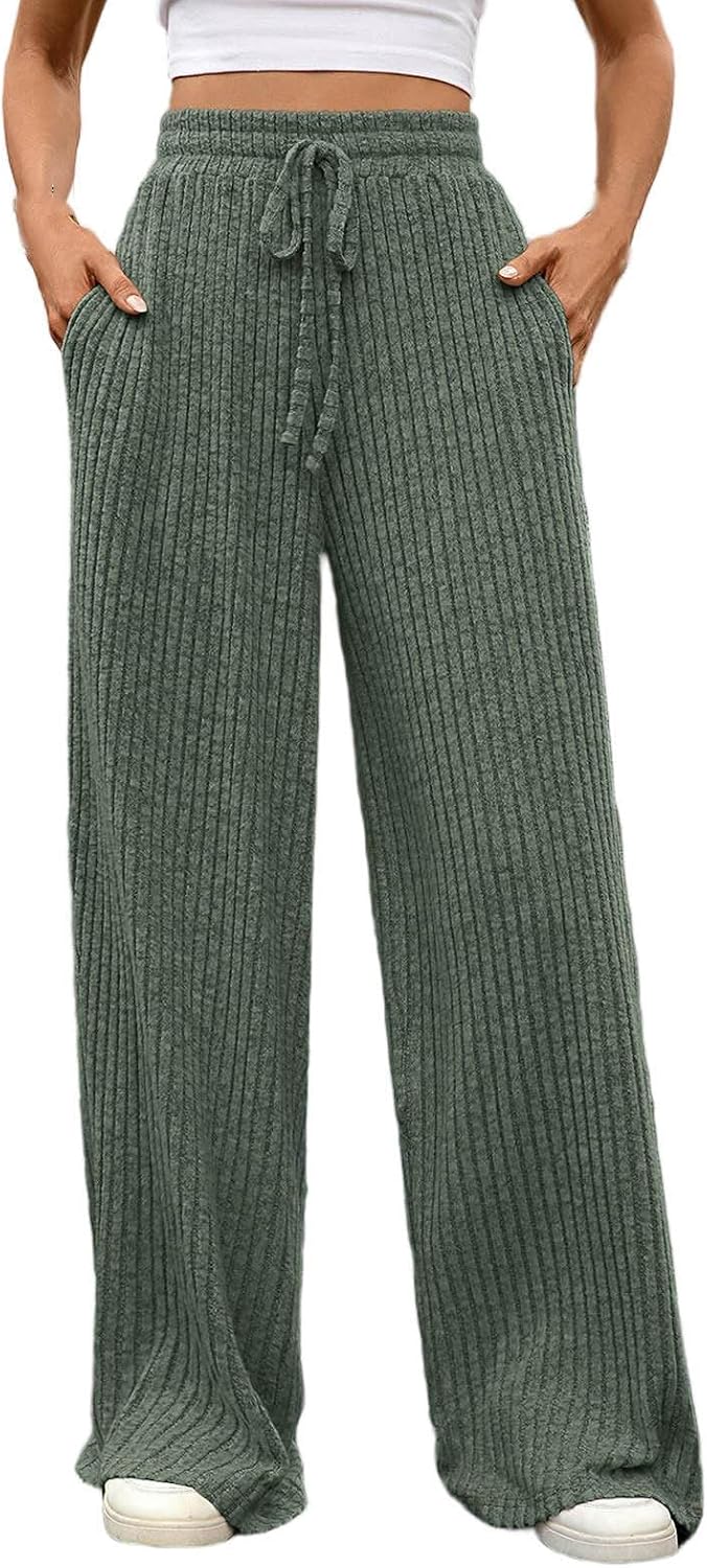 Women Ribbed Knit Pants Wide Leg Casual Elastic High Waist Loose Pant Drawstring Fall Winter Solid Comfy Loungewear