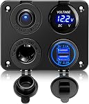 Linkstyle 4 in 1 Car Charger Panel, 4.2A Dual USB A Charger Port, Cigarette Lighter Socket with LED Voltmeter & Rocker Switch for 12V/24V Marine Boat RV Truck