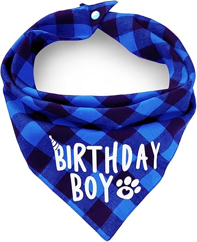 Pañuelo de cumpleaños a cuadros para perro con botón, doble capa de algodón suave triangular, pañuelo lavable para perros hembras y niños,