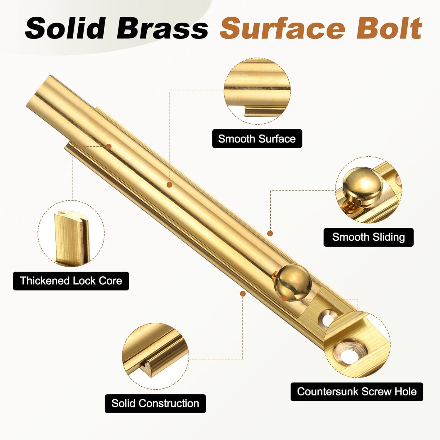 uxcell 4Pcs 4" Solid Brass Surface Bolt, Concealed Security Slide Latch Door Lock with Screws, Polished French Door Lock for Closet Cabinet Recessed Doors, Brass Tone