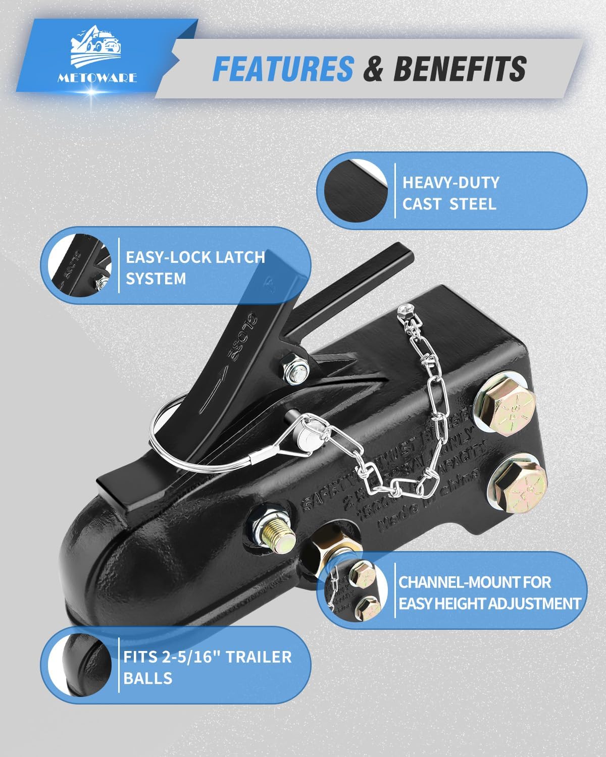 METOWARE 2-5/16" Heavy Duty Channel-Mount Adjustable Trailer Coupler, Capacity 15,000LBS - Image 3