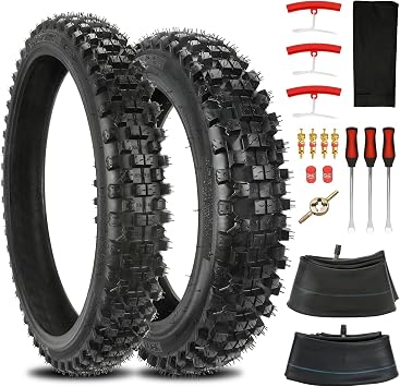 Rear 90/100-14 Dirt Bike Tire & Front 70/100-17 Tire Set Compatible with KLX140 KLX125 TTR125 KX85 RM85 Pit Bike, 3.00-14 2.75-17 Inner Tube for 110cc 125cc Tao Tao Apollo Off Road Motorcycle