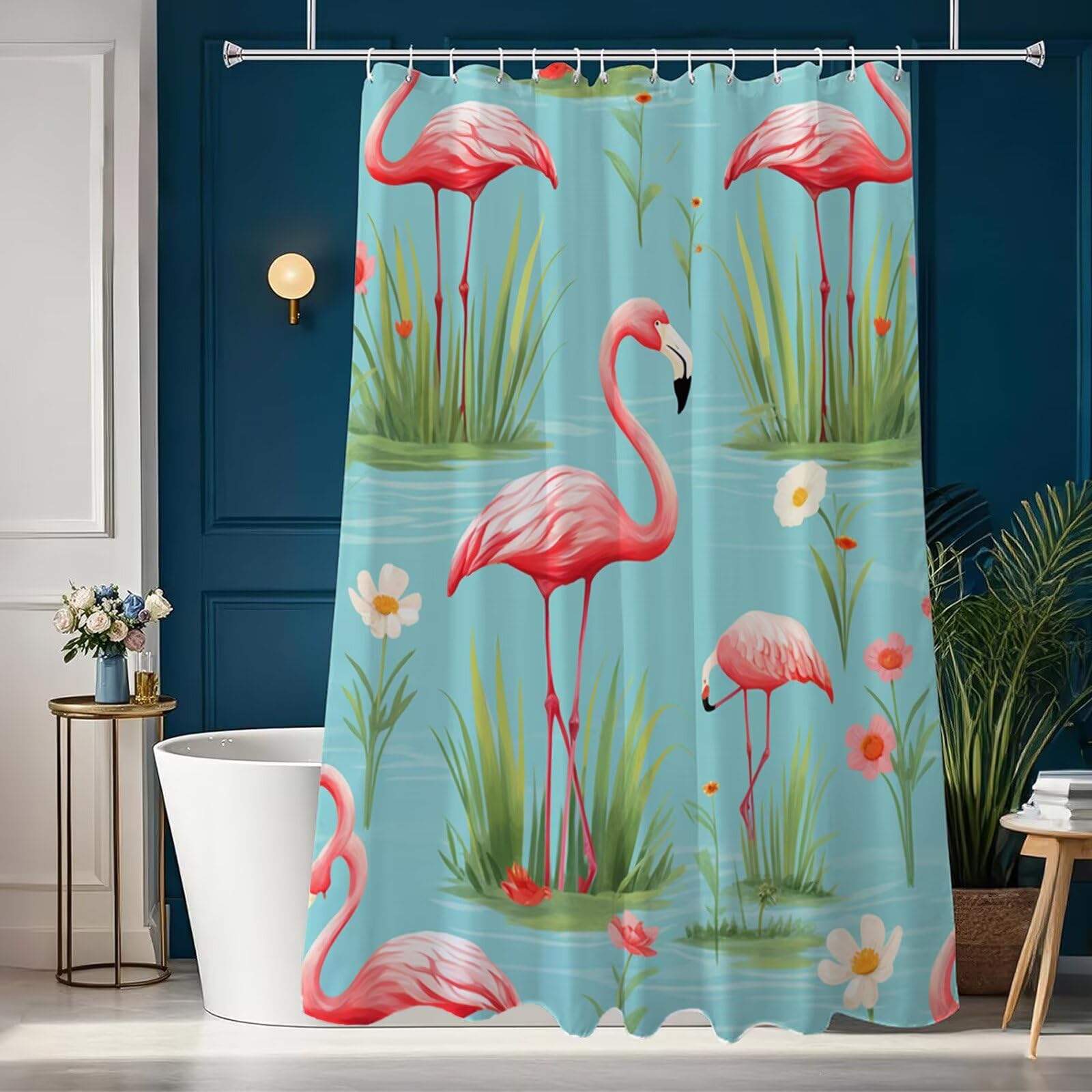 Duschvorhang 240x200 cm Anti Schimmel - Blau Design - Wasserdicht & Waschbar Schnelltrocknender Polyester Stoff - Inkl. 12 Ringe und Gewicht Shower Curtain für Badezimmer Badewanne, Flamingos J8-548