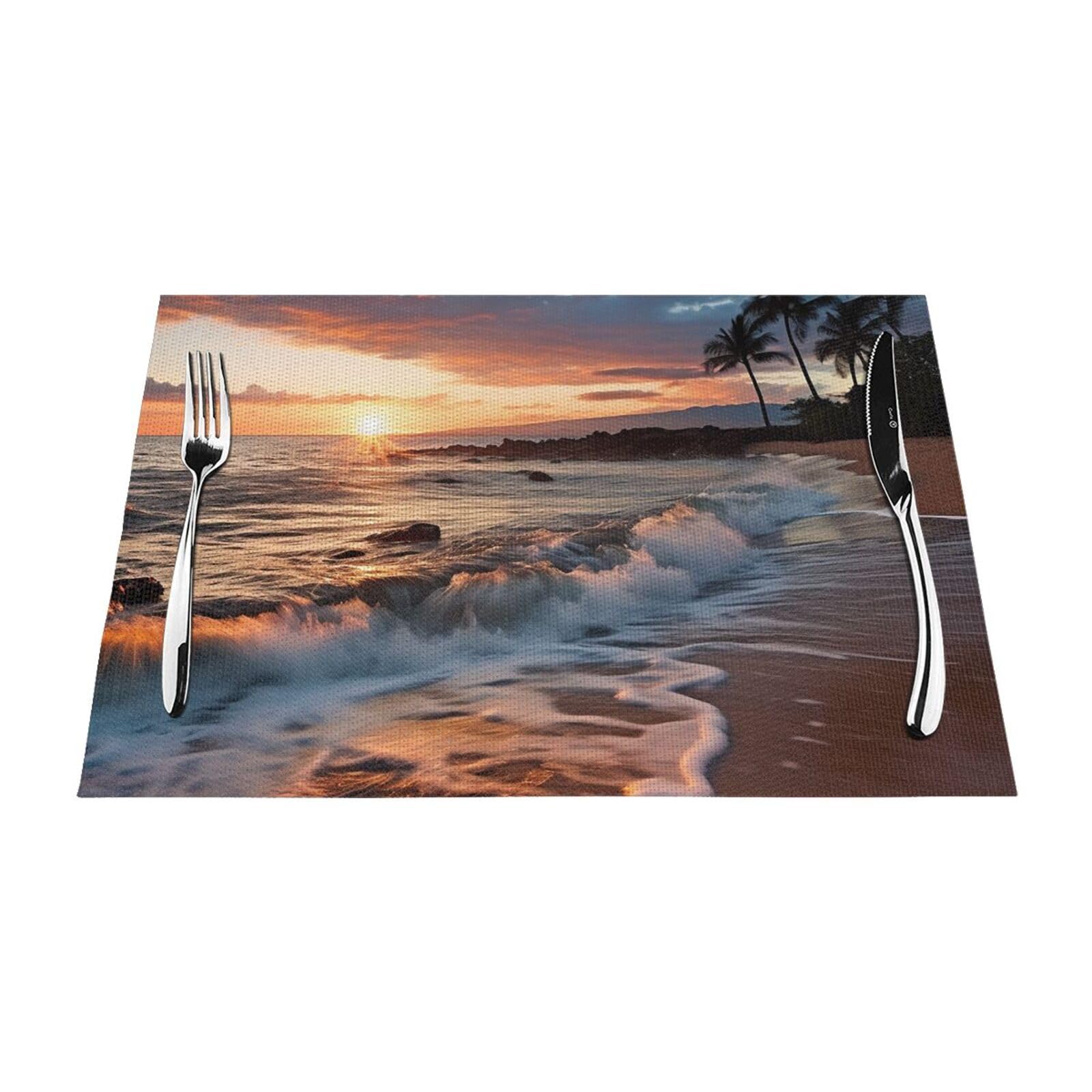 Beach Maui Hawaii Sunset Sea Waves Clouds Placemats Set of 1 - Woven Vinyl Kitchen Table Placemats - Heat Resistant Non-Slip Place Mats for Dining Table, Washable Indoor Outdoor Table Mats 12x18 Inch