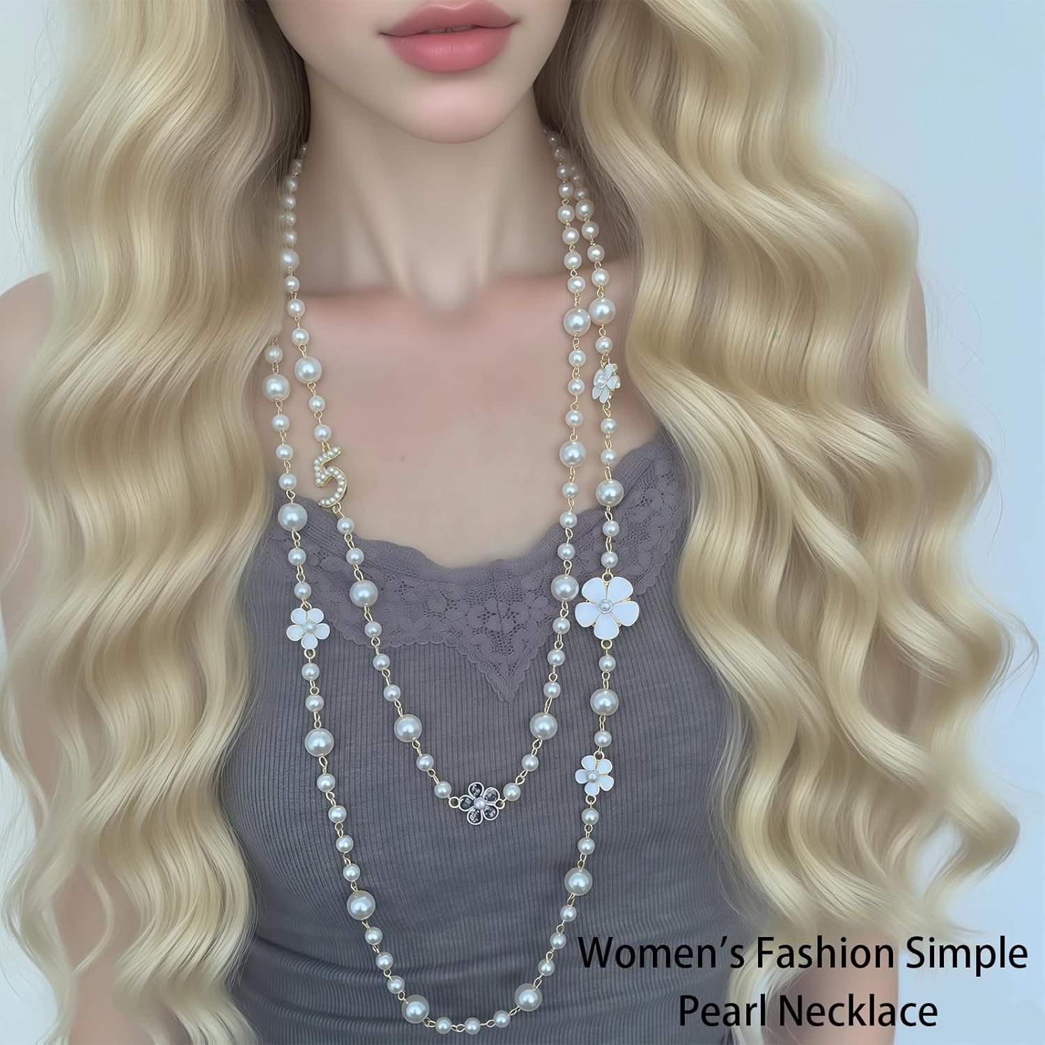 Designer Imitation Pearl Necklace and Pearl Black Camellia Stud Earrings,Number 5 Long Necklace, Fashionable Camellia Stud Earrings, Charming Pearl Sweater Chain for Women, Ideal for Birthdays - Image 5