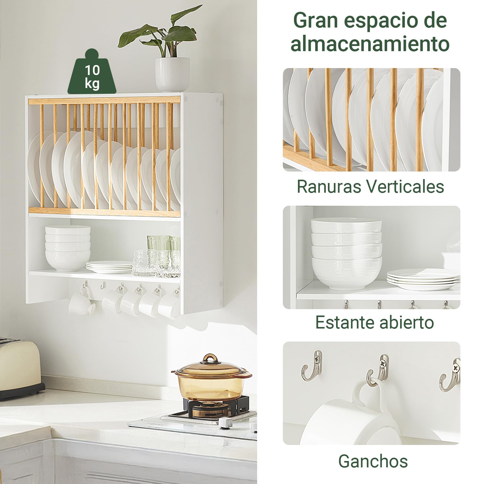 SoBuy Escurreplatos Blanco de Pared para 11 platos, 7 ganchos, 64x71x24cm | Soporte para Platos con estante adicional, seca vajilla & ahorra espacio, carga 10 kg, MDF/madera, cocina & comedor, KCR09-W
