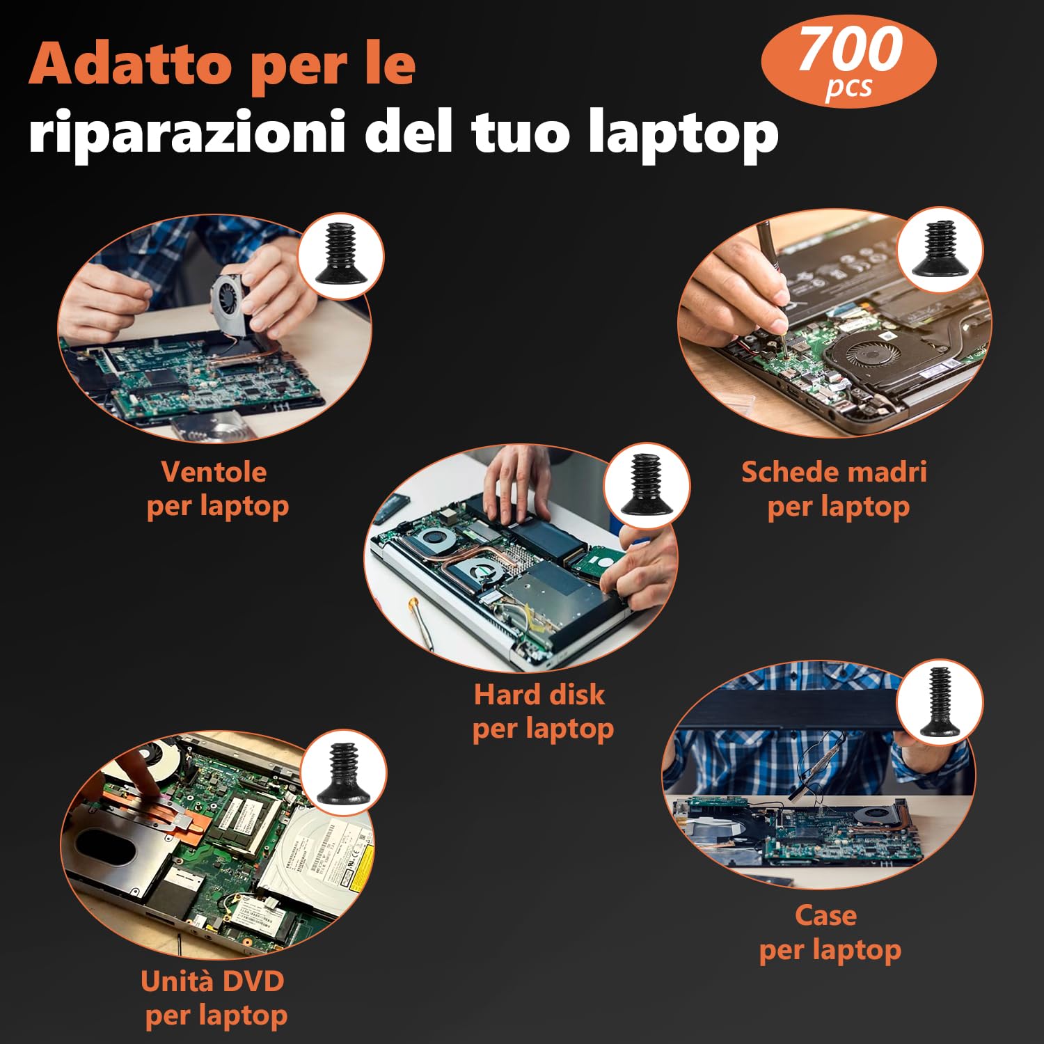Kit di viti per laptop, 700 pezzi, kit assortito di viti di ricambio per computer portatile, M2, M2.5, M3, in acciaio al carbonio, a testa piatta, a testa piatta, per Lenovo, Toshiba, HP, IBM, Dell,