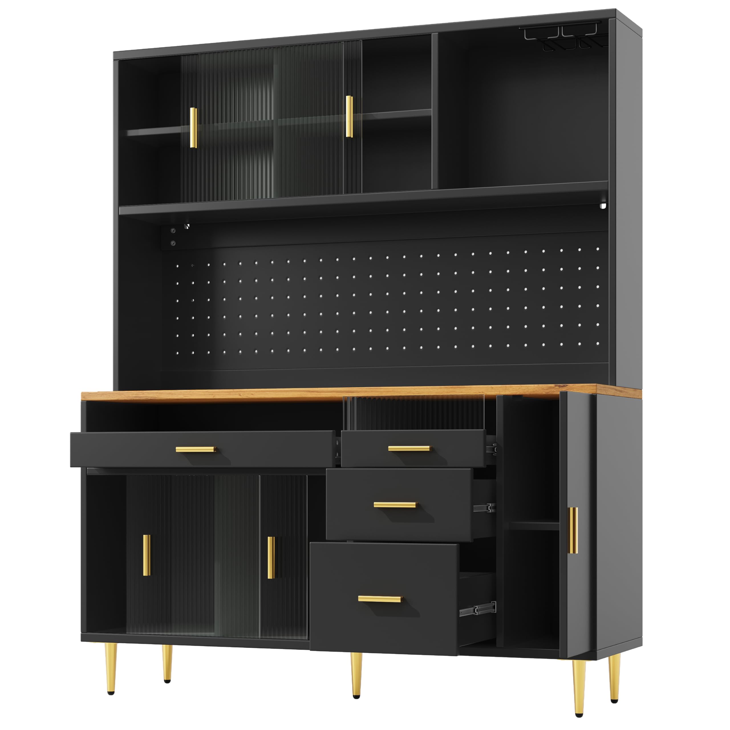 Armadio alto per soggiorno (145 × 39 × 171 cm), armadio da cucina, armadio alto con ripiani a parete forati (nero)