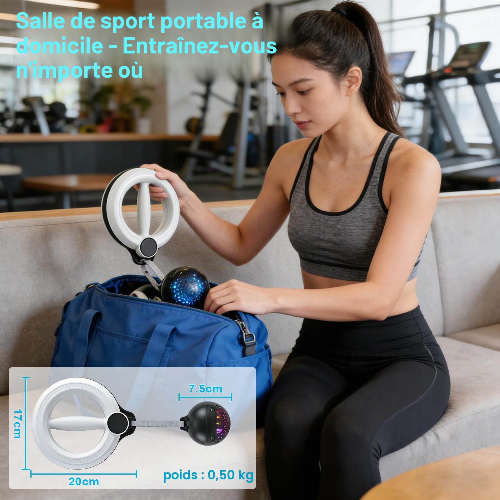 360° Entraîneur de Bras Intelligent avec Manivelle et Boule LED, Appareil pour Avant-Bras, Poitrine, Épaules, Fitness Portable à Domicile, Piles AAA incluses