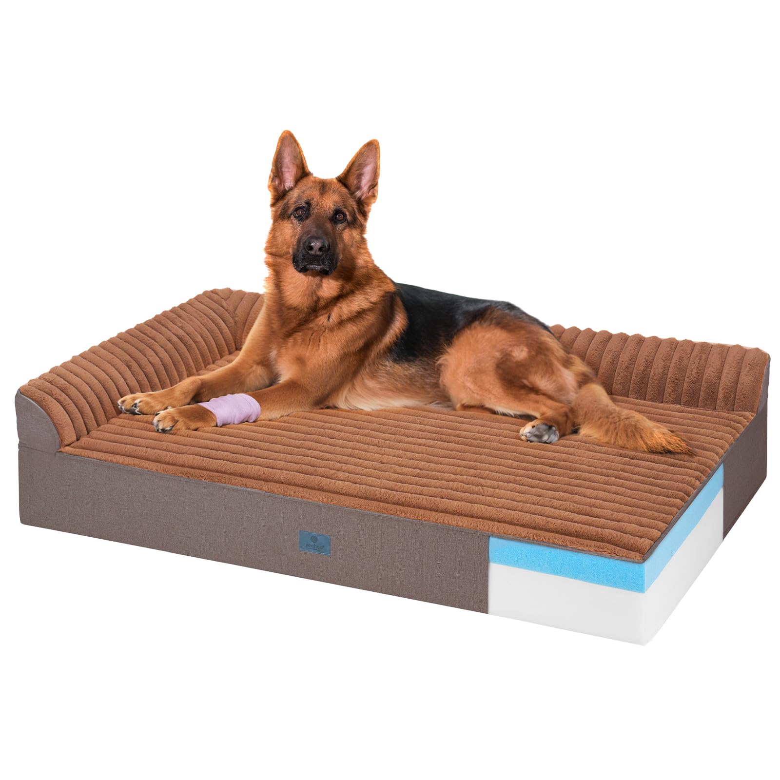 Veehoo L Shaped Bolster Orthopedic Dog Bed for Extra Large Dogs, 7'' UItra-Thick Memory Foam Dog Bed with Waterproof Liner, XXL Dog Couch Bed with Removable Washable Cover, Brown, 52"x36"x7"