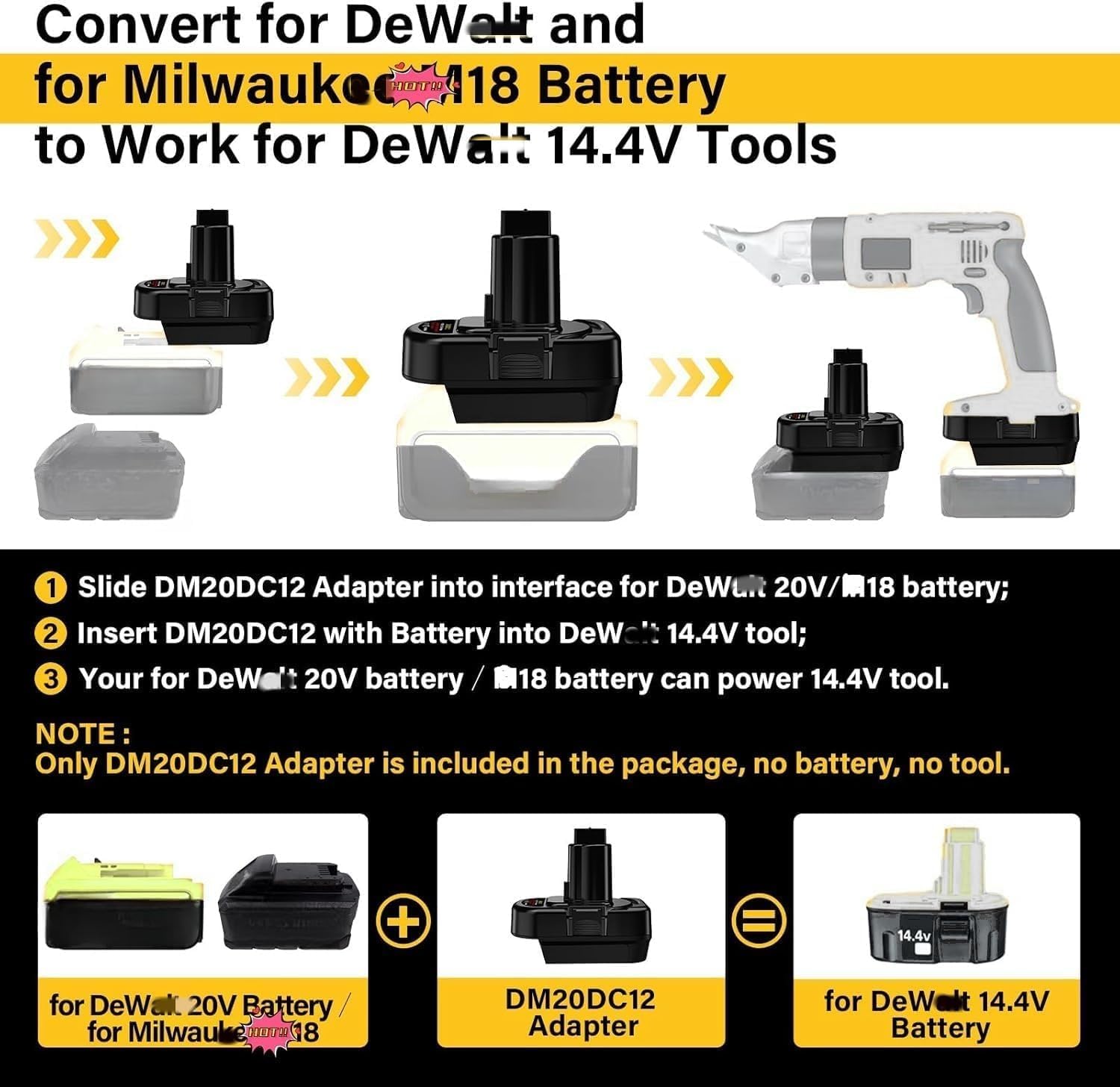 Step Down Adapter for Dewalt 20V to 12V/14.4V, DM20DC12 Adapter Converter for Dewolt 20V Battery to for 12V/14.4V NiCAD NiMh Power Tools(No Battery)