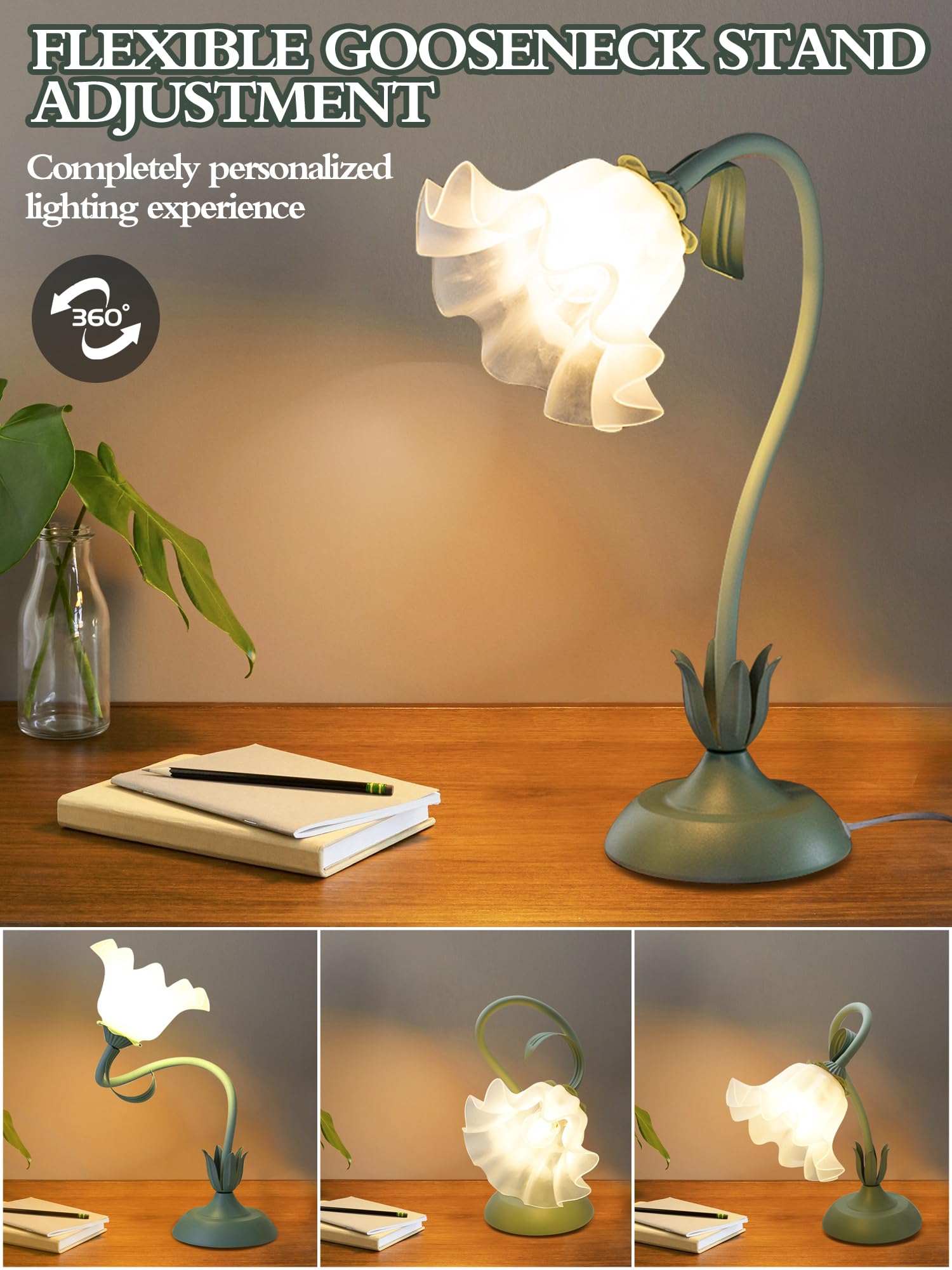 WLHBF Flower Table Lamp,LED Reading Light Bedside Vintage Flower Night Light,3 Colours Modes Bedside Lamps Decor,with E27 Bulb Nightstand Lights for Living Room Office Bedroom Home Decoration - Image 3