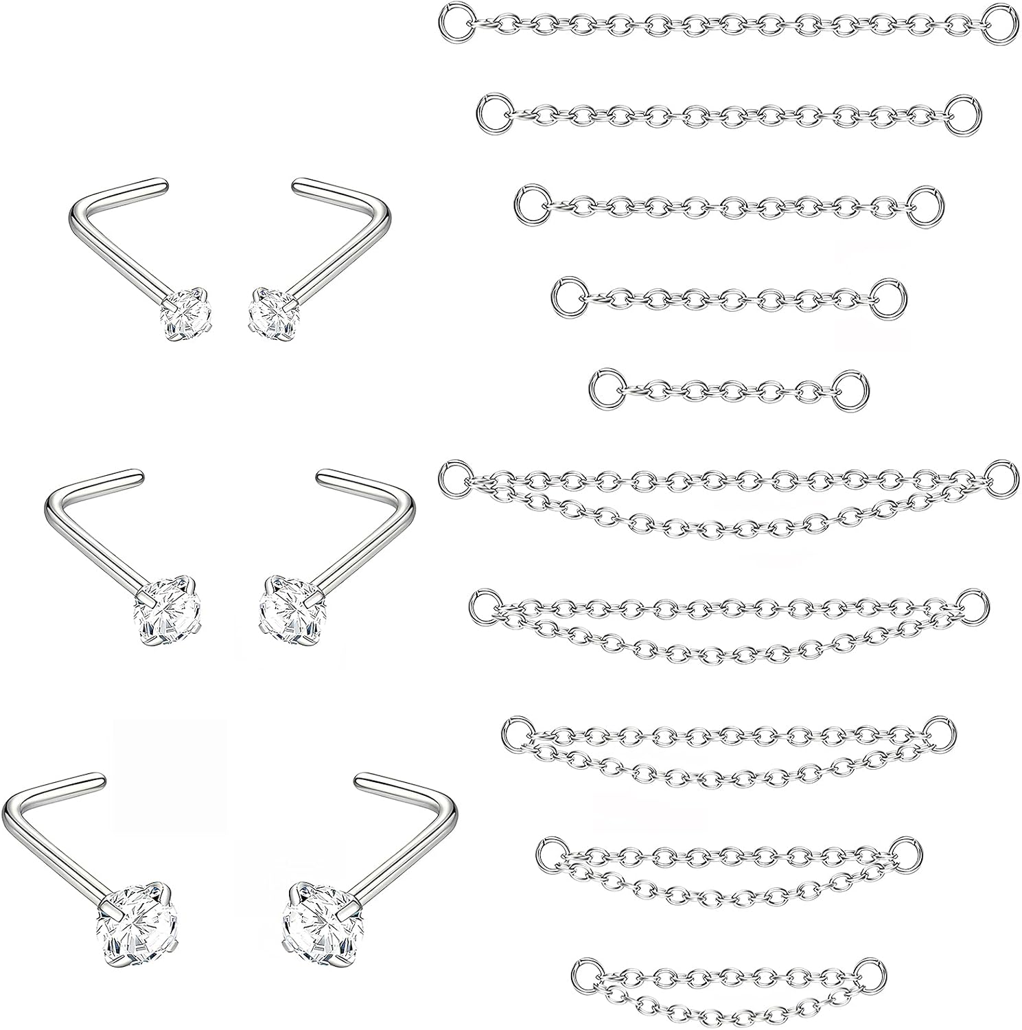 NEWITIN 16 Pieces 20G Nose Rings Chains for Women Hypoallergenic Nose Rings Studs 316L Stainless Steel Inlaid Cubic Zirconia Noses Piercing Jewelry Diamond Noses Studs for Women Men