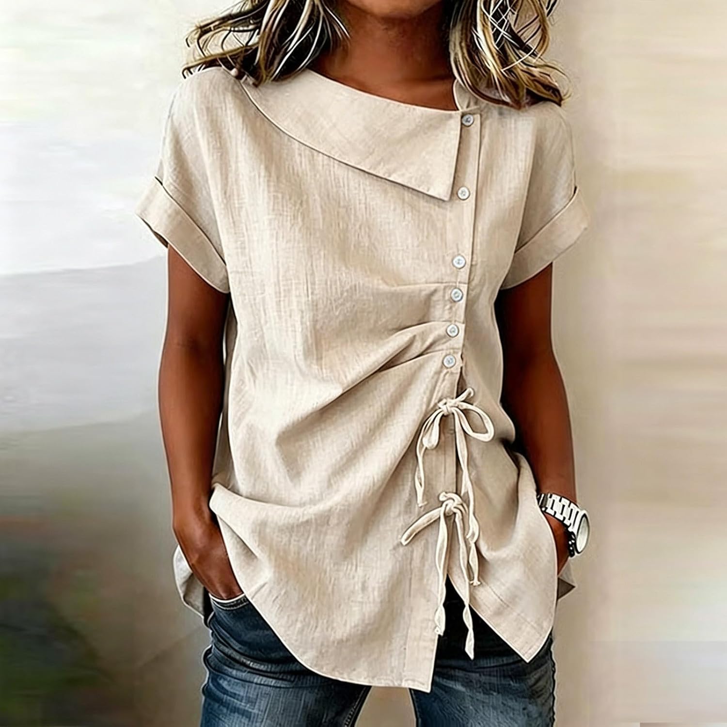 Women's Tops, Tees Summer Lapel Collar Drawstring Ruched Button Asymmetrical Side Tunic Shirt Linen Blouses