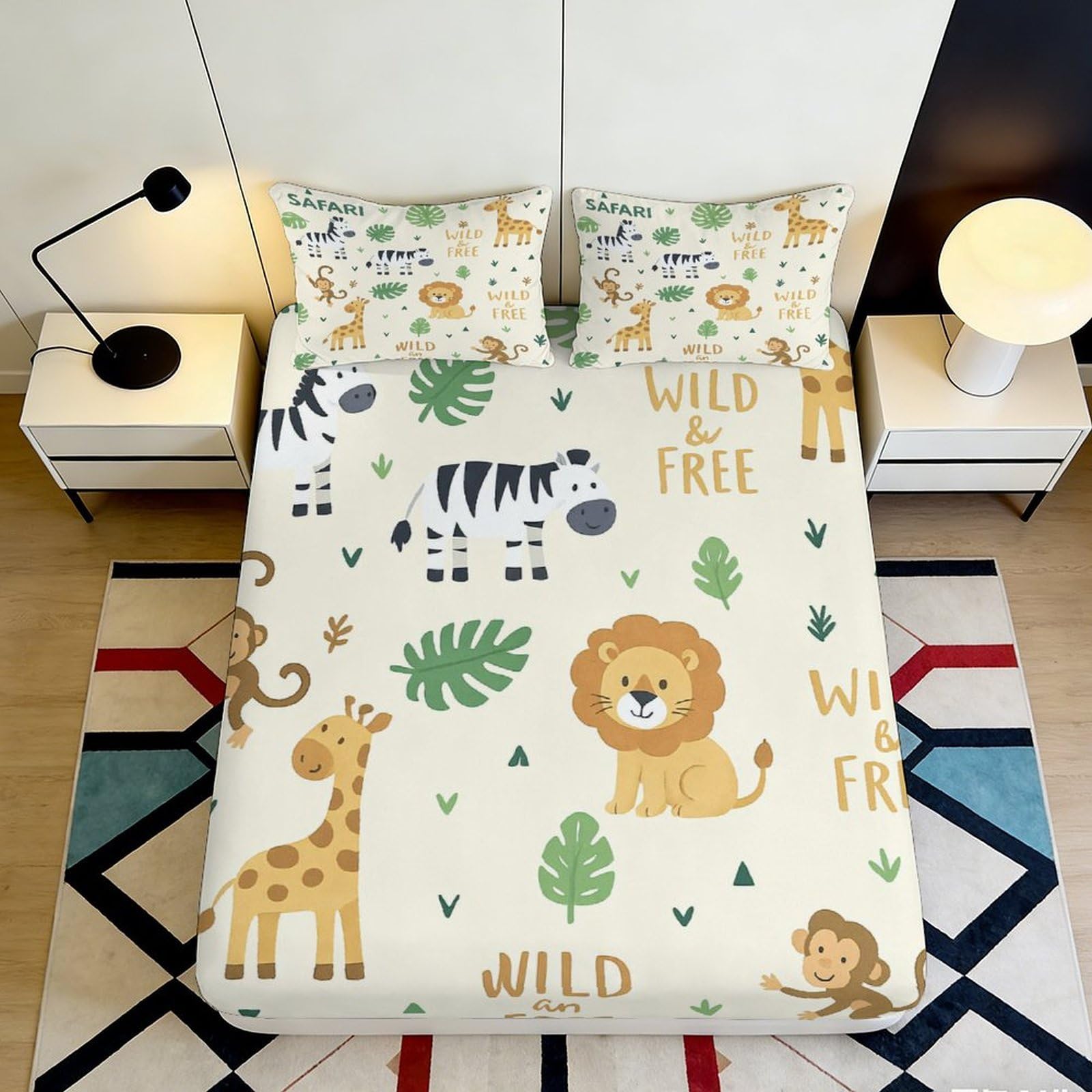 3D Printed Safari Animal Fitted Sheet Microfiber Soft Durable Jungle Bed Cover with Lion Giraffe Zebra Pattern Mattress Cover for Bedroom Dormitory 200x200x25cm