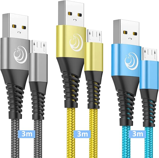 Yosou Micro USB Cable 3M 3Pack Long Android Charger Cable Nylon Charging Cable USB Wire Micro Charger Lead for Samsung Galaxy S7 Edge S6 S5 J8 J7 J5 J6 J3 A6 A10, Huawei, PS4, Xbox,Kindle Fire,Tablet