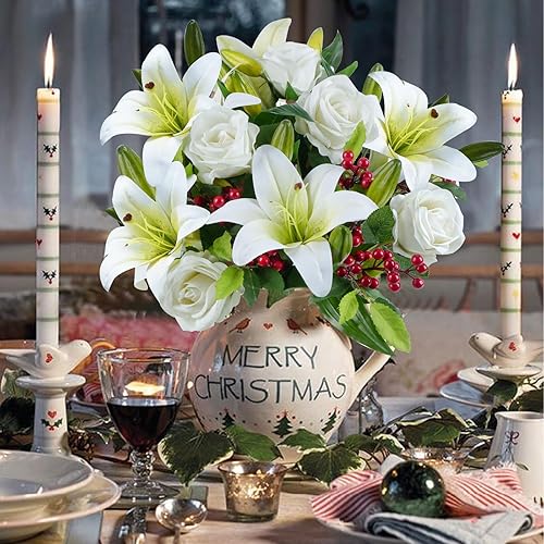 Miniatura 2 de HUAESIN 14 piezas de flores artificiales realistas de rosas blancas y lirios blancos y bayas rojas, arreglos florales de seda para ramo de boda,