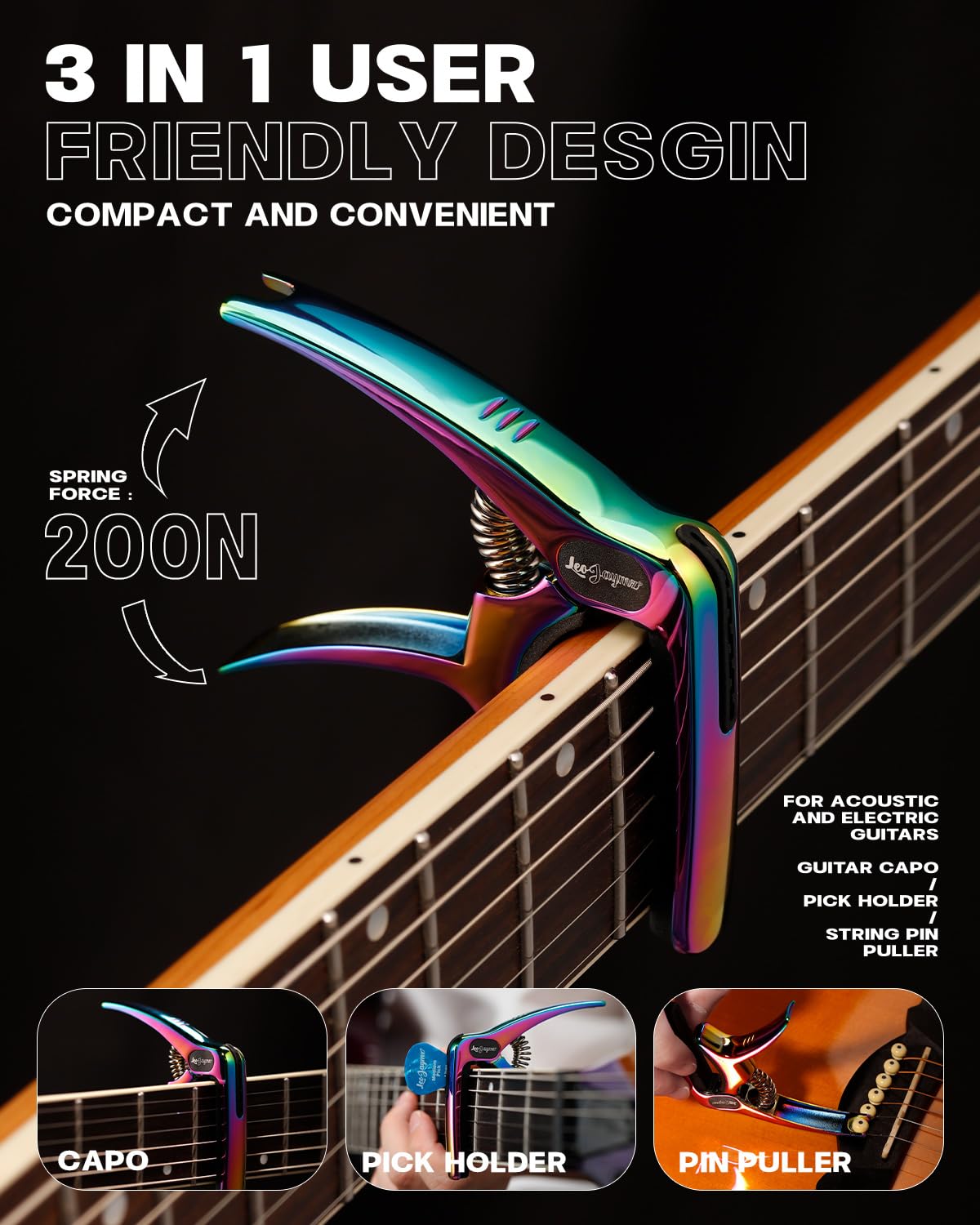 Leo Jaymz Heavy Duty Guitar Capo for Acoustic/Electric Guitars, Guitar Clip made of Zinc Alloy Metal, Guitar Clamp for Bass Classical Guitar, Ukulele, Mandolin,Banjo (Dazzling Purple)